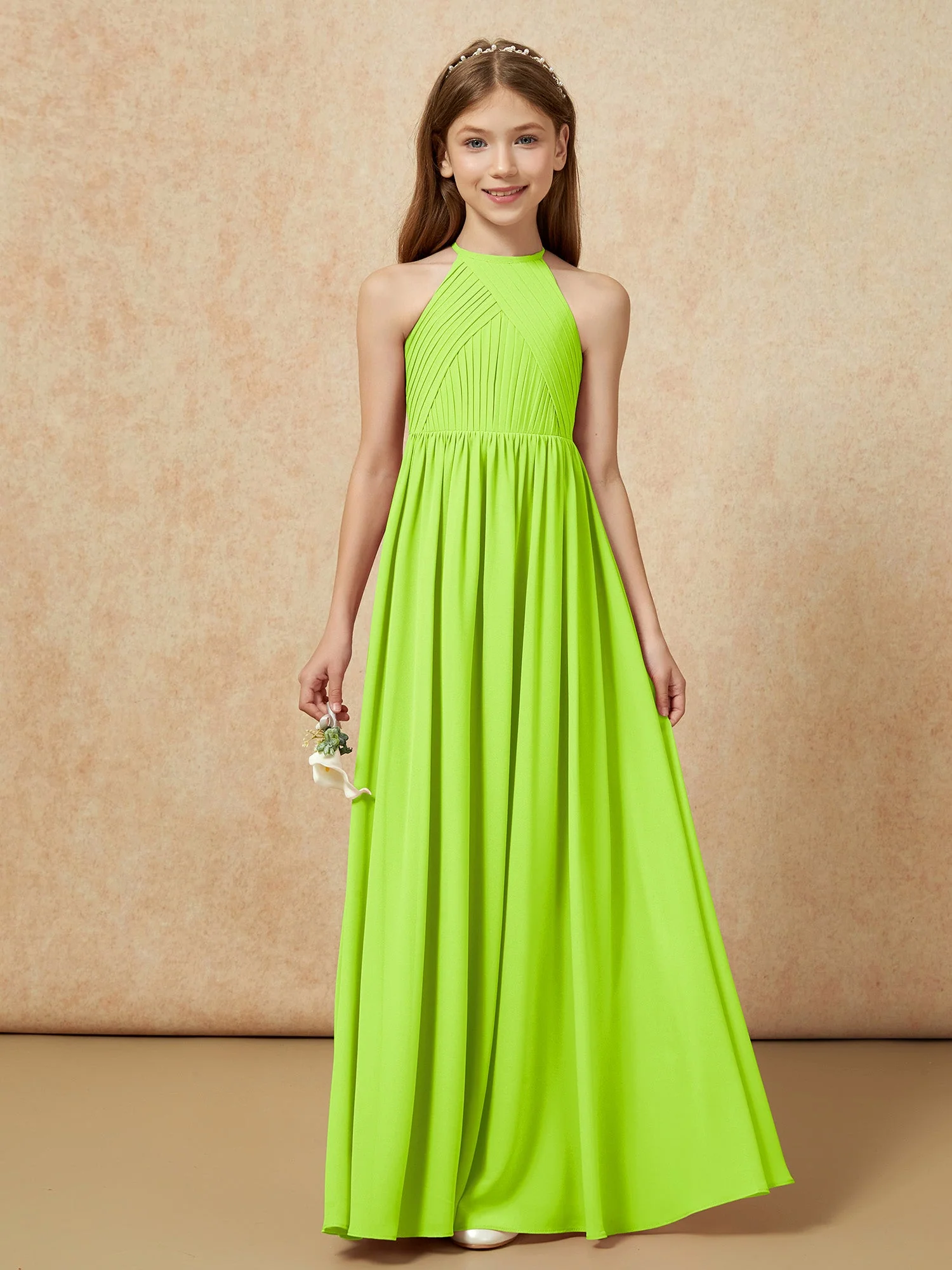 Halshalter Plissee Lang Chiffon Junge Brautjungfernkleider Lindgrün