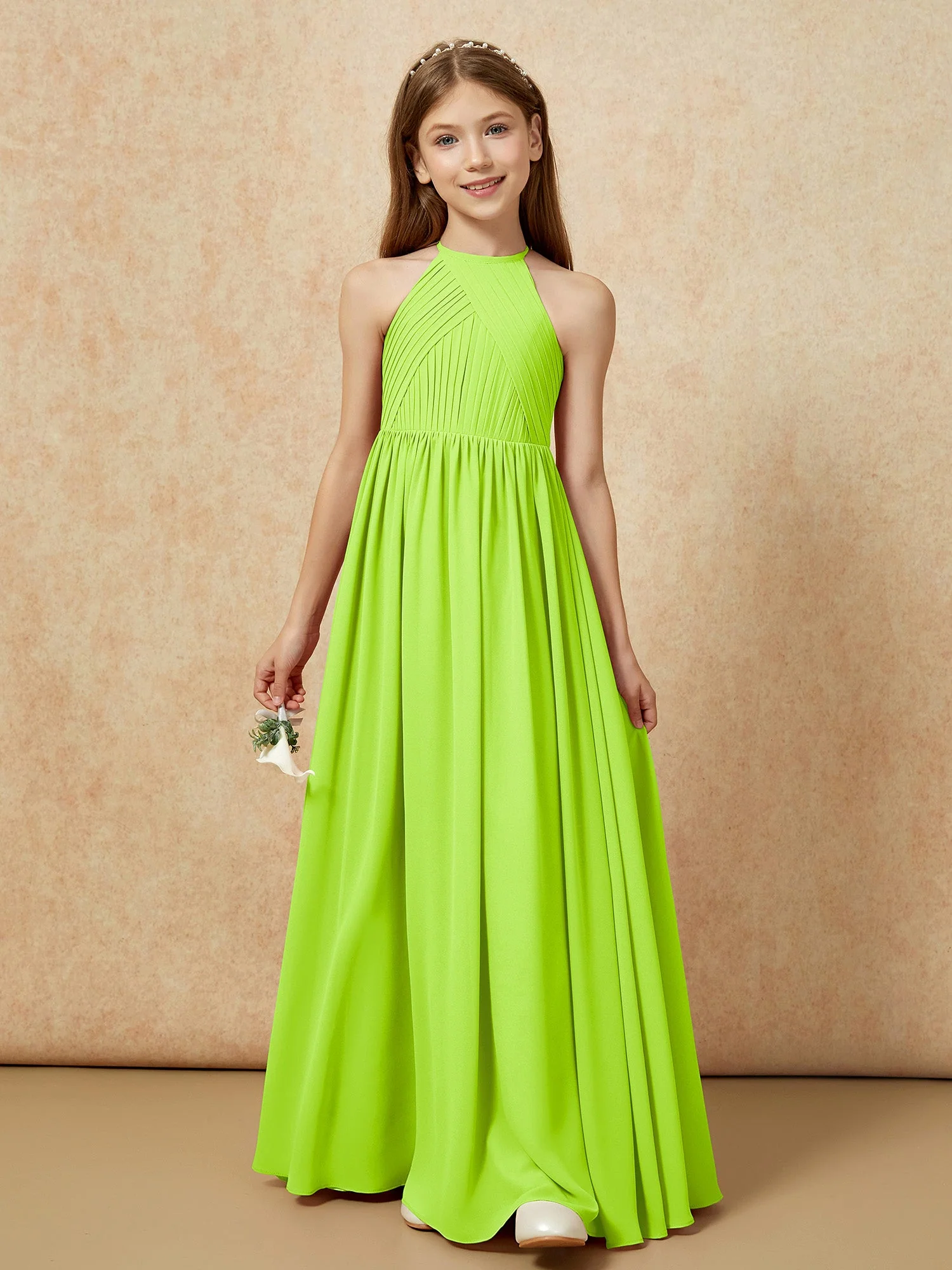 Halshalter Plissee Lang Chiffon Junge Brautjungfernkleider Lindgrün - Image 6