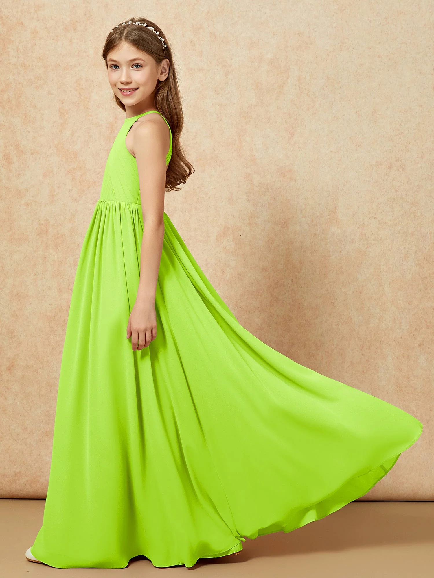 Halshalter Plissee Lang Chiffon Junge Brautjungfernkleider Lindgrün - Image 7
