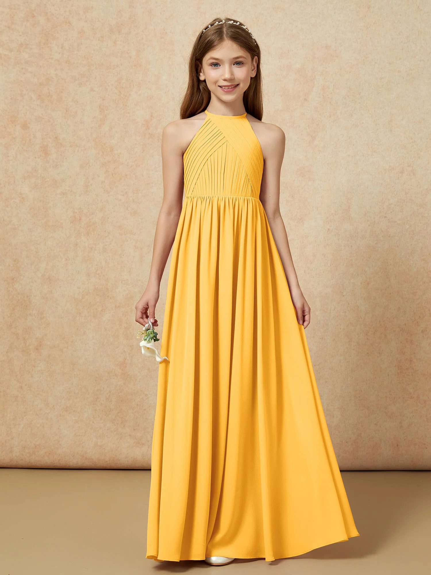 Halshalter Plissee Lang Chiffon Junge Brautjungfernkleider Mandarine