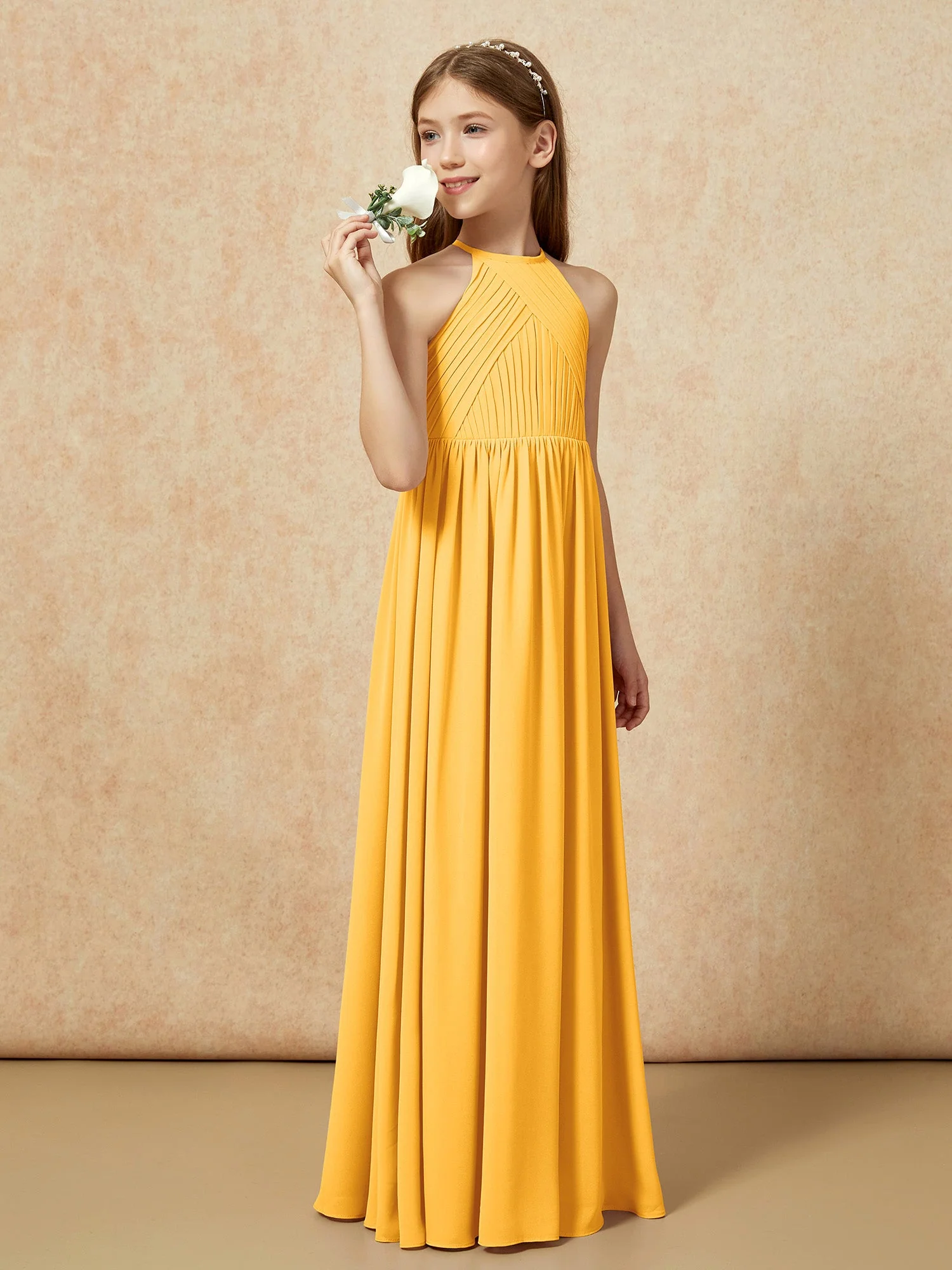 Halshalter Plissee Lang Chiffon Junge Brautjungfernkleider Mandarine - Image 3
