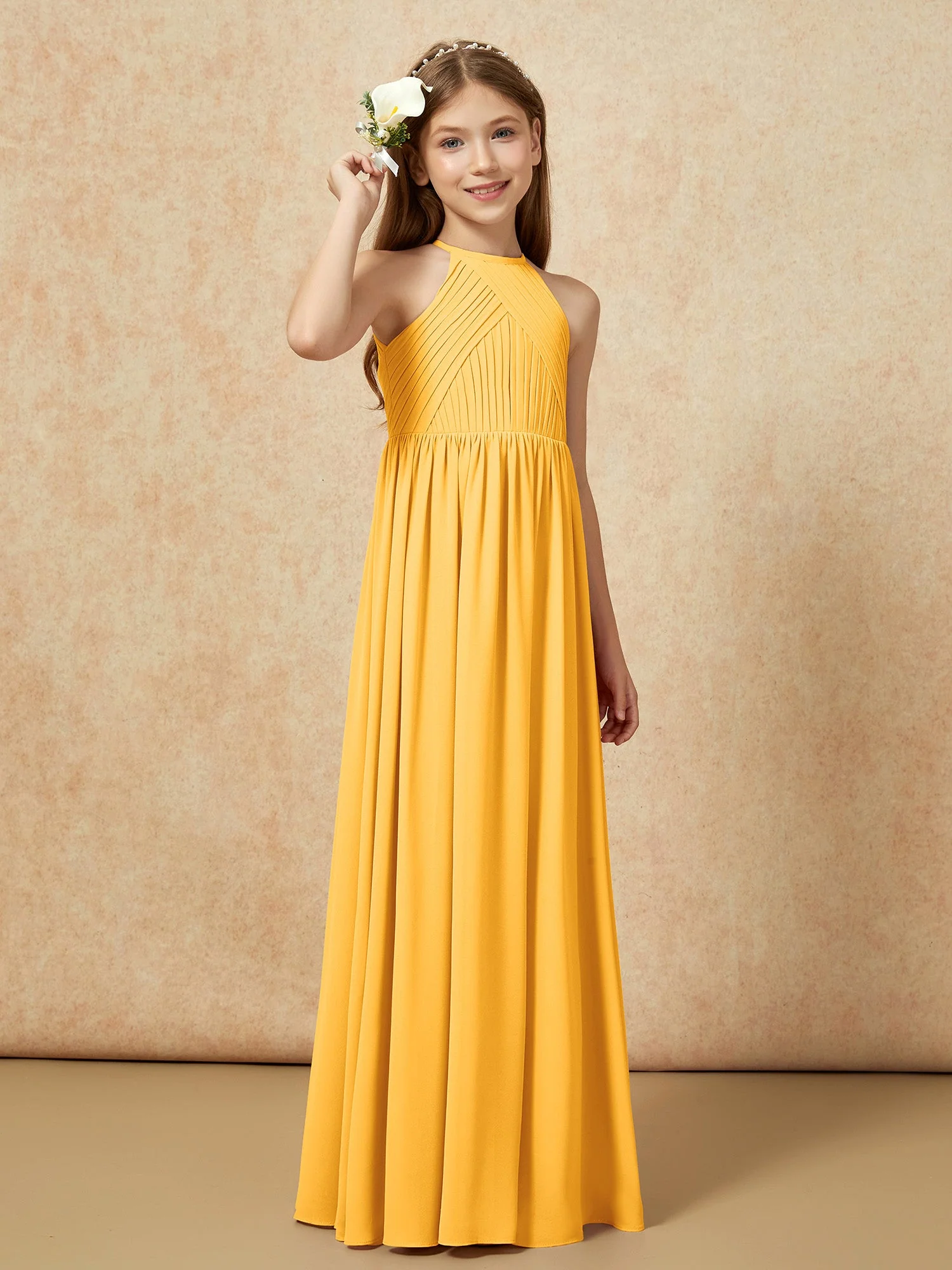 Halshalter Plissee Lang Chiffon Junge Brautjungfernkleider Mandarine - Image 4