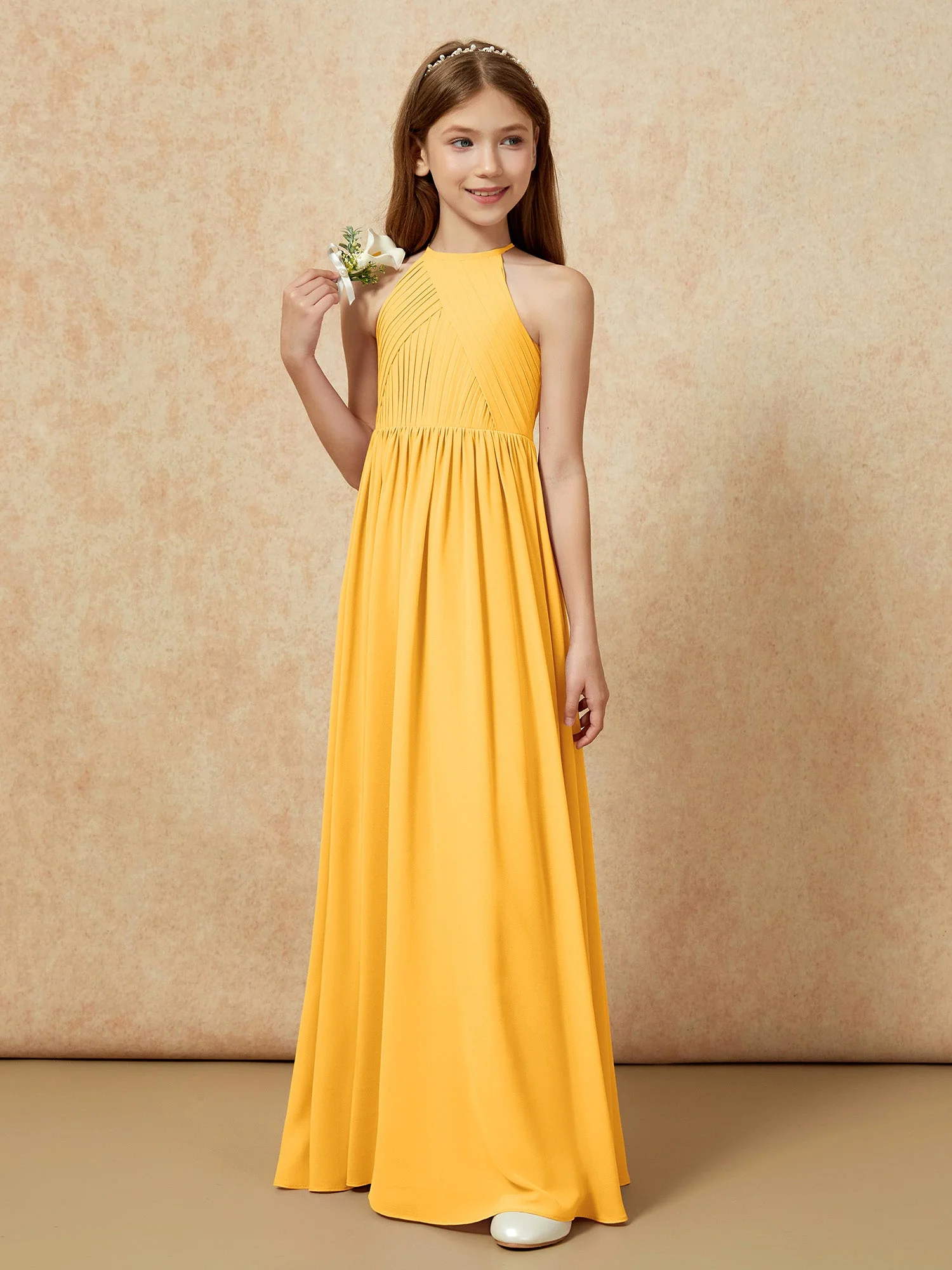 Halshalter Plissee Lang Chiffon Junge Brautjungfernkleider Mandarine - Image 5