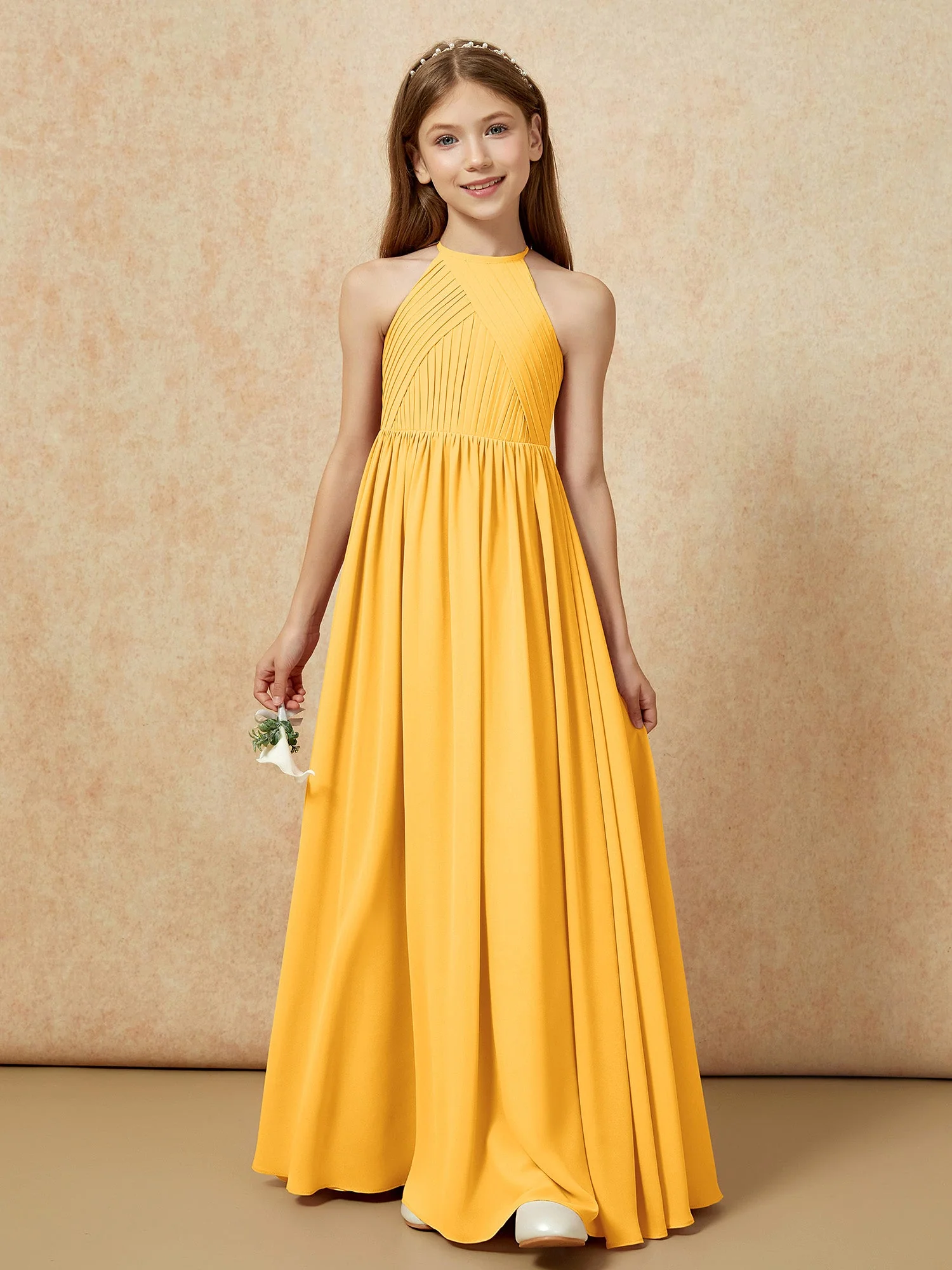 Halshalter Plissee Lang Chiffon Junge Brautjungfernkleider Mandarine - Image 6