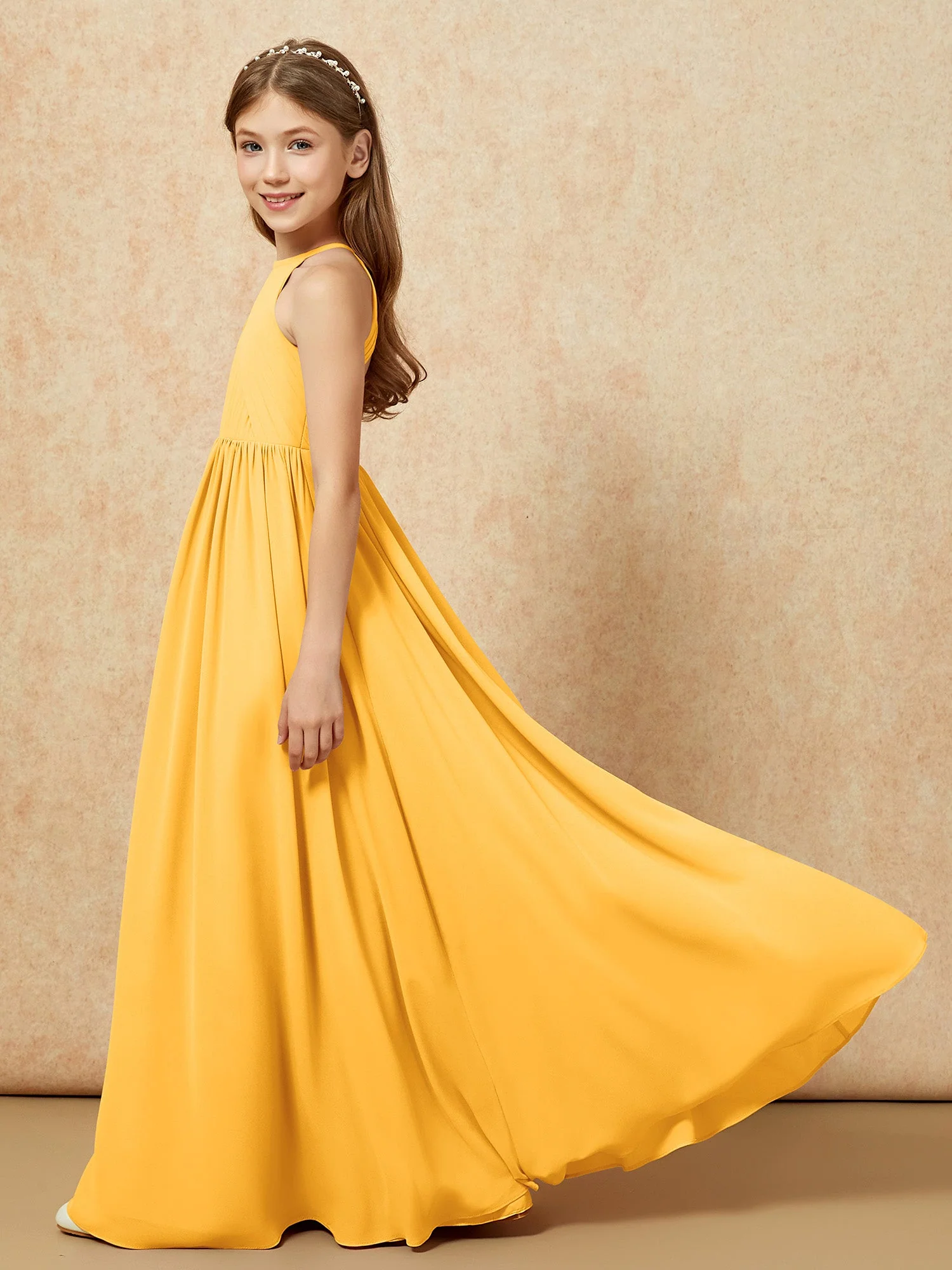 Halshalter Plissee Lang Chiffon Junge Brautjungfernkleider Mandarine - Image 7