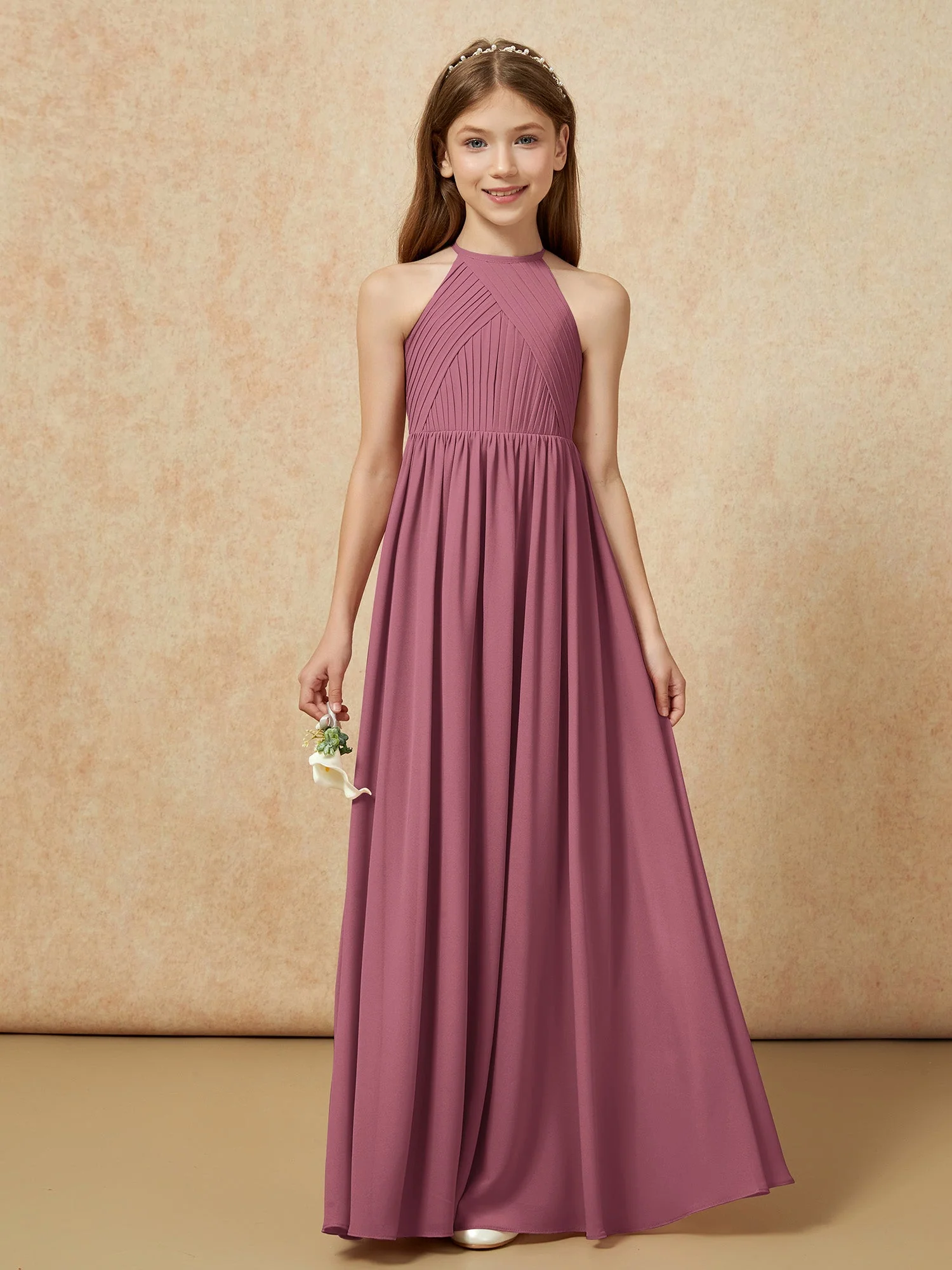 Halshalter Plissee Lang Chiffon Junge Brautjungfernkleider Maulbeere