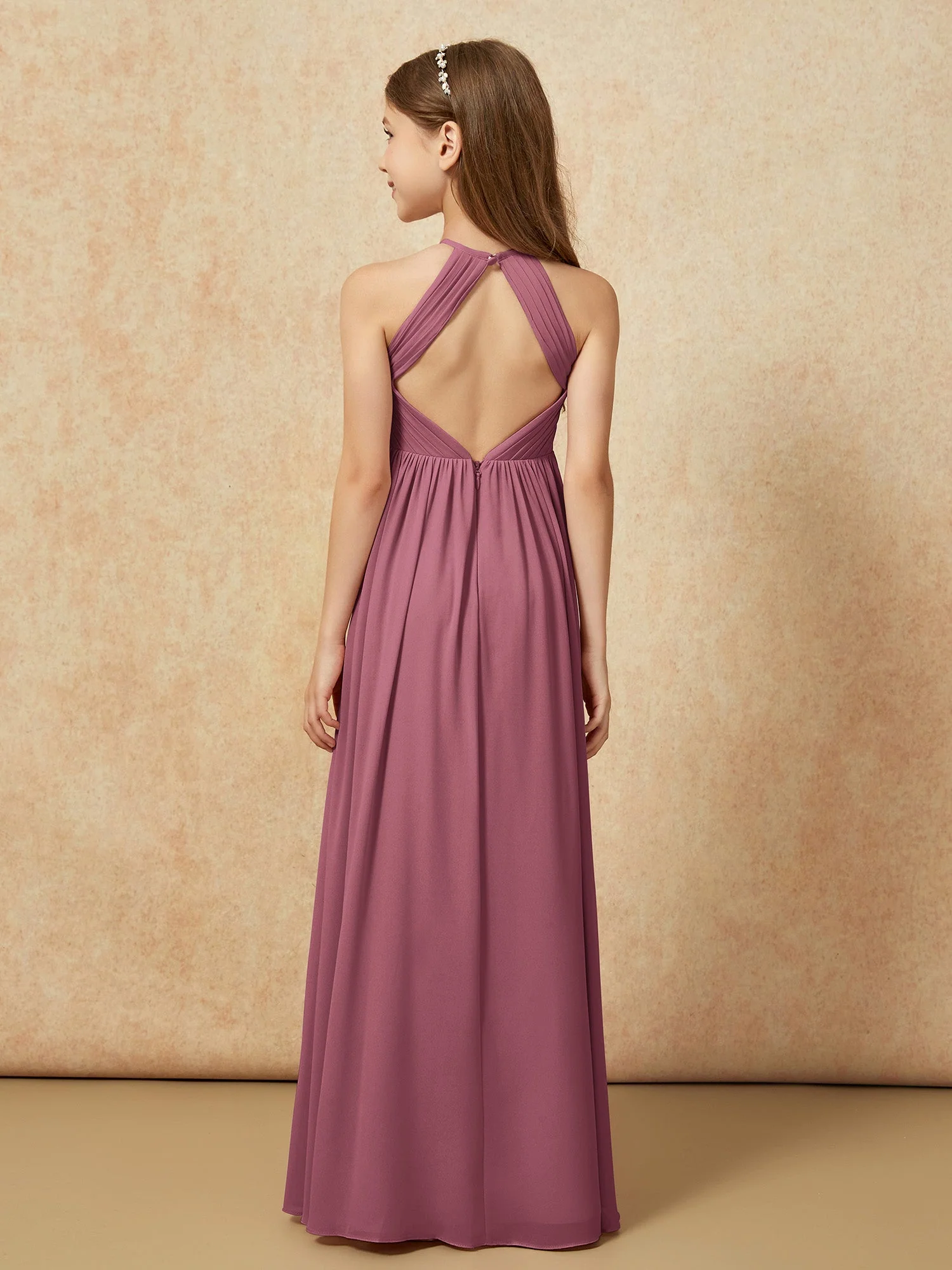 Halshalter Plissee Lang Chiffon Junge Brautjungfernkleider Maulbeere - Image 2