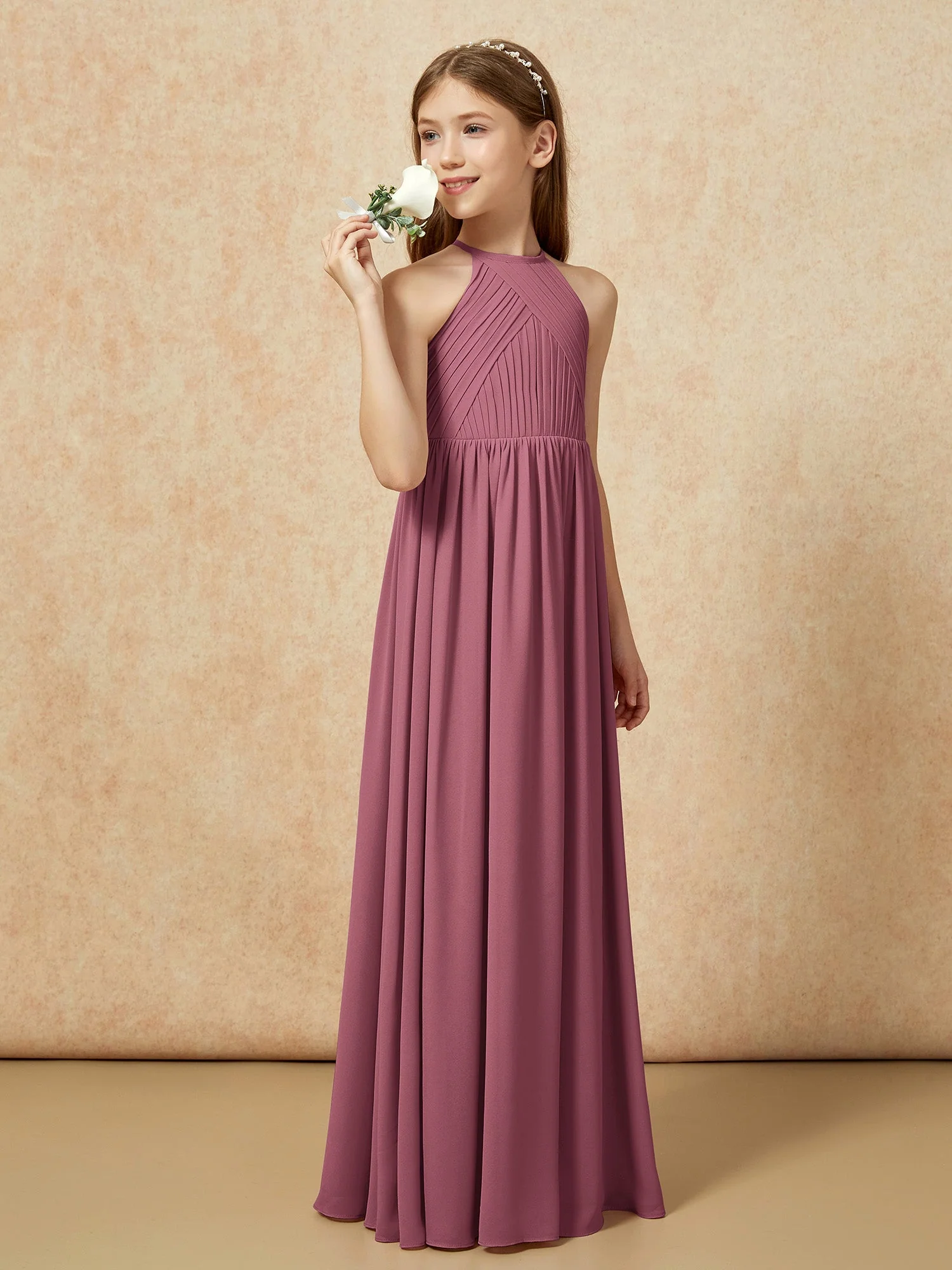 Halshalter Plissee Lang Chiffon Junge Brautjungfernkleider Maulbeere - Image 3