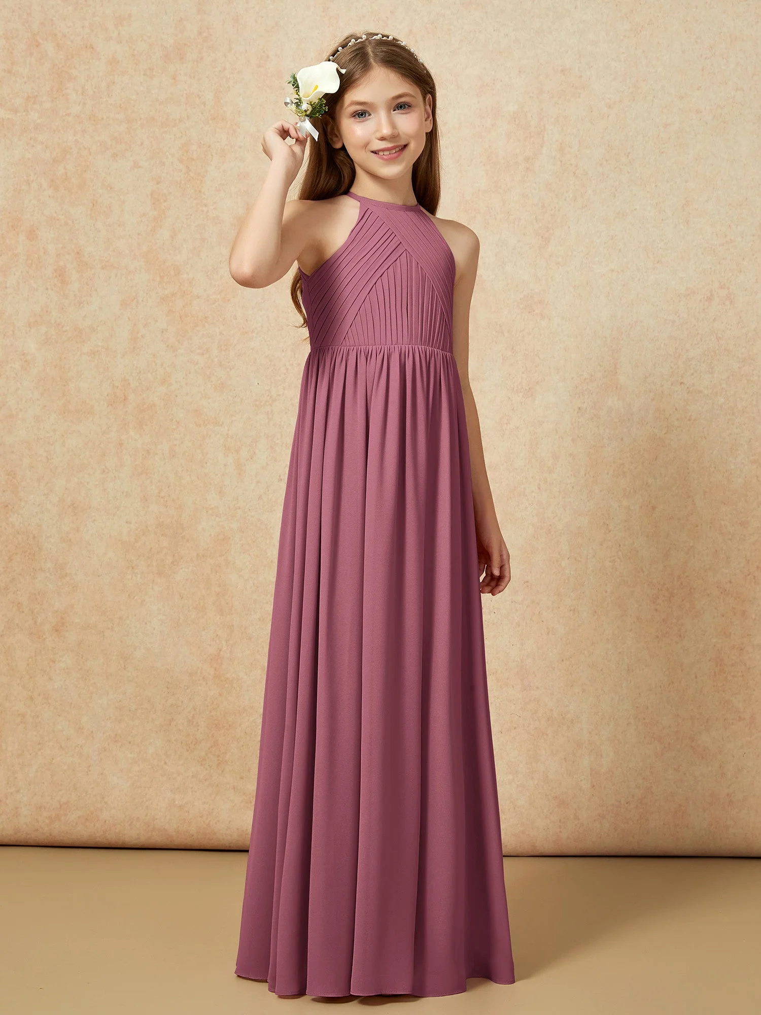Halshalter Plissee Lang Chiffon Junge Brautjungfernkleider Maulbeere - Image 4