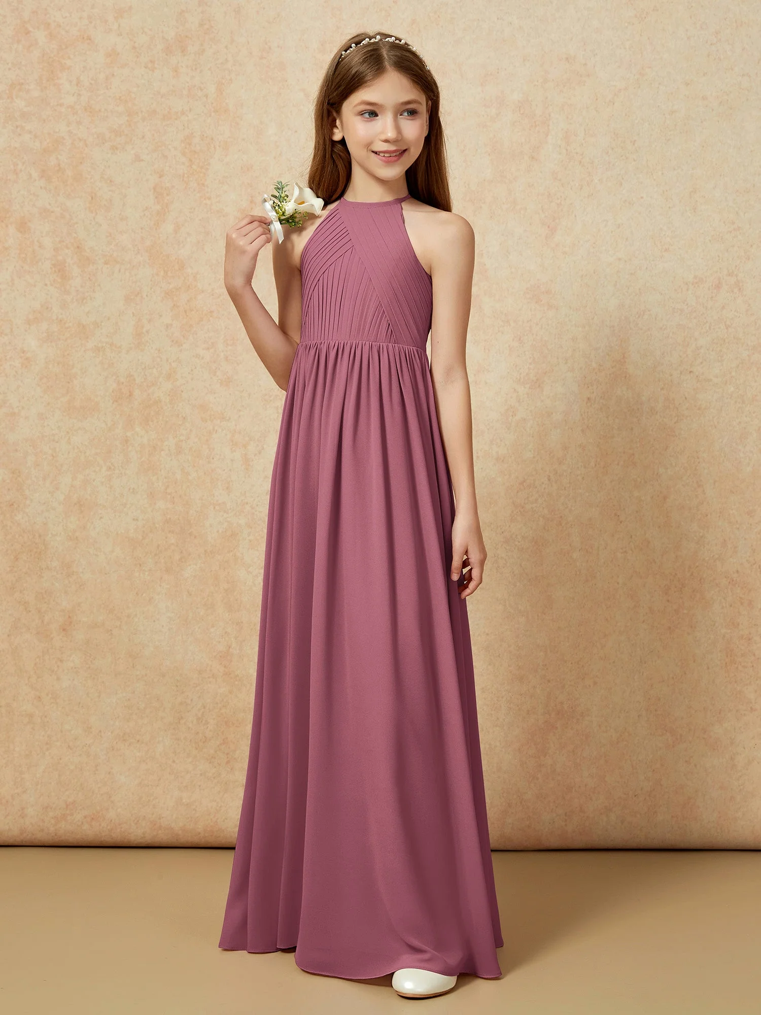 Halshalter Plissee Lang Chiffon Junge Brautjungfernkleider Maulbeere - Image 5