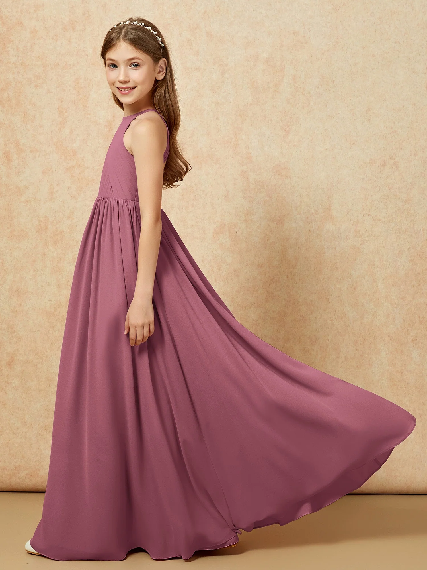 Halshalter Plissee Lang Chiffon Junge Brautjungfernkleider Maulbeere - Image 7