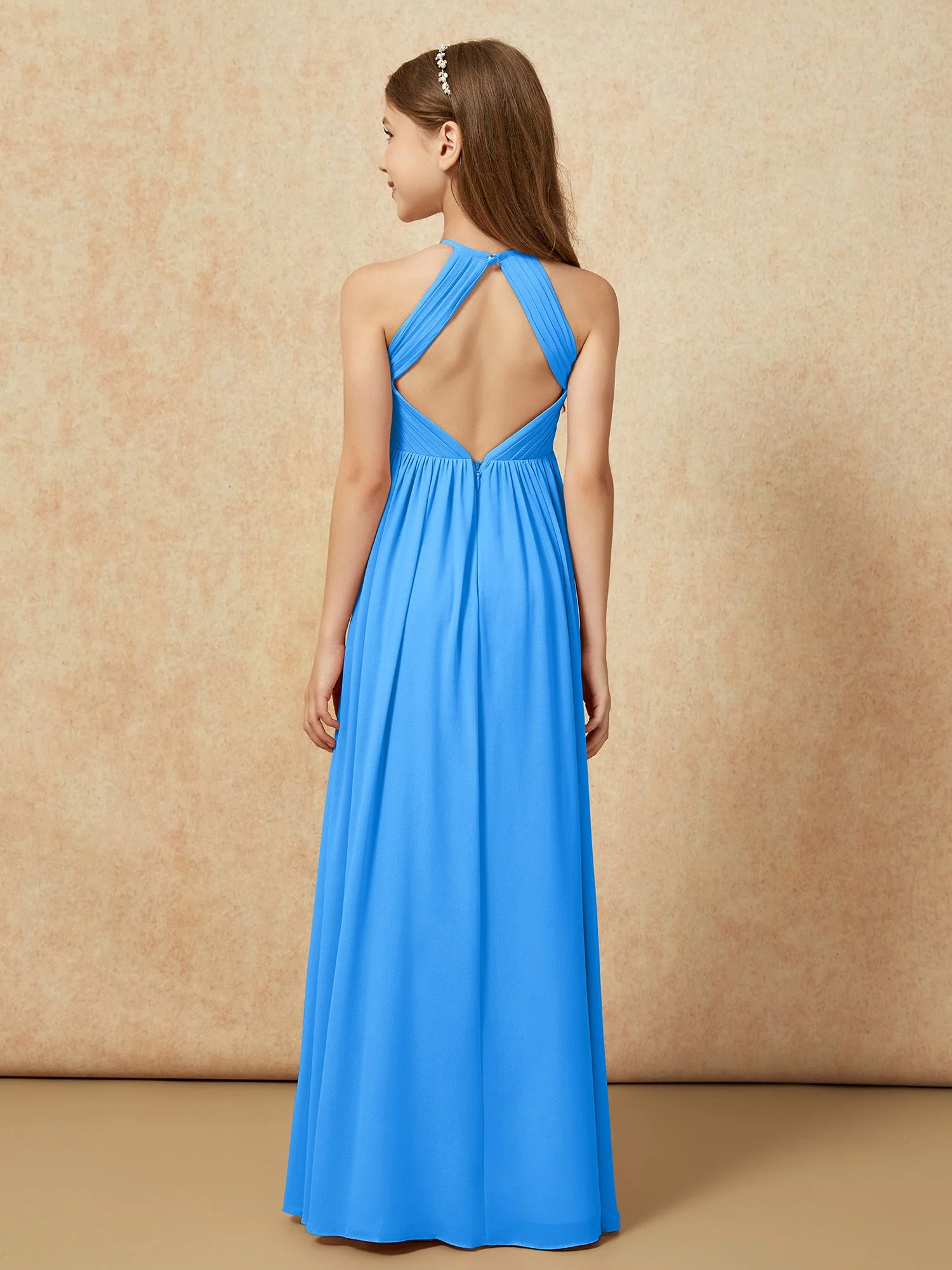 Halshalter Plissee Lang Chiffon Junge Brautjungfernkleider Meerblau - Image 2