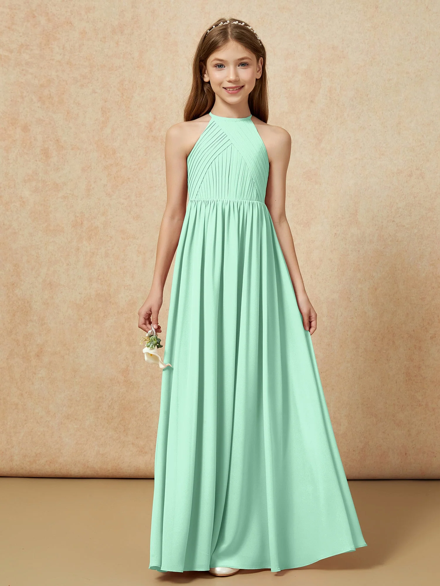 Halshalter Plissee Lang Chiffon Junge Brautjungfernkleider Minzgrün