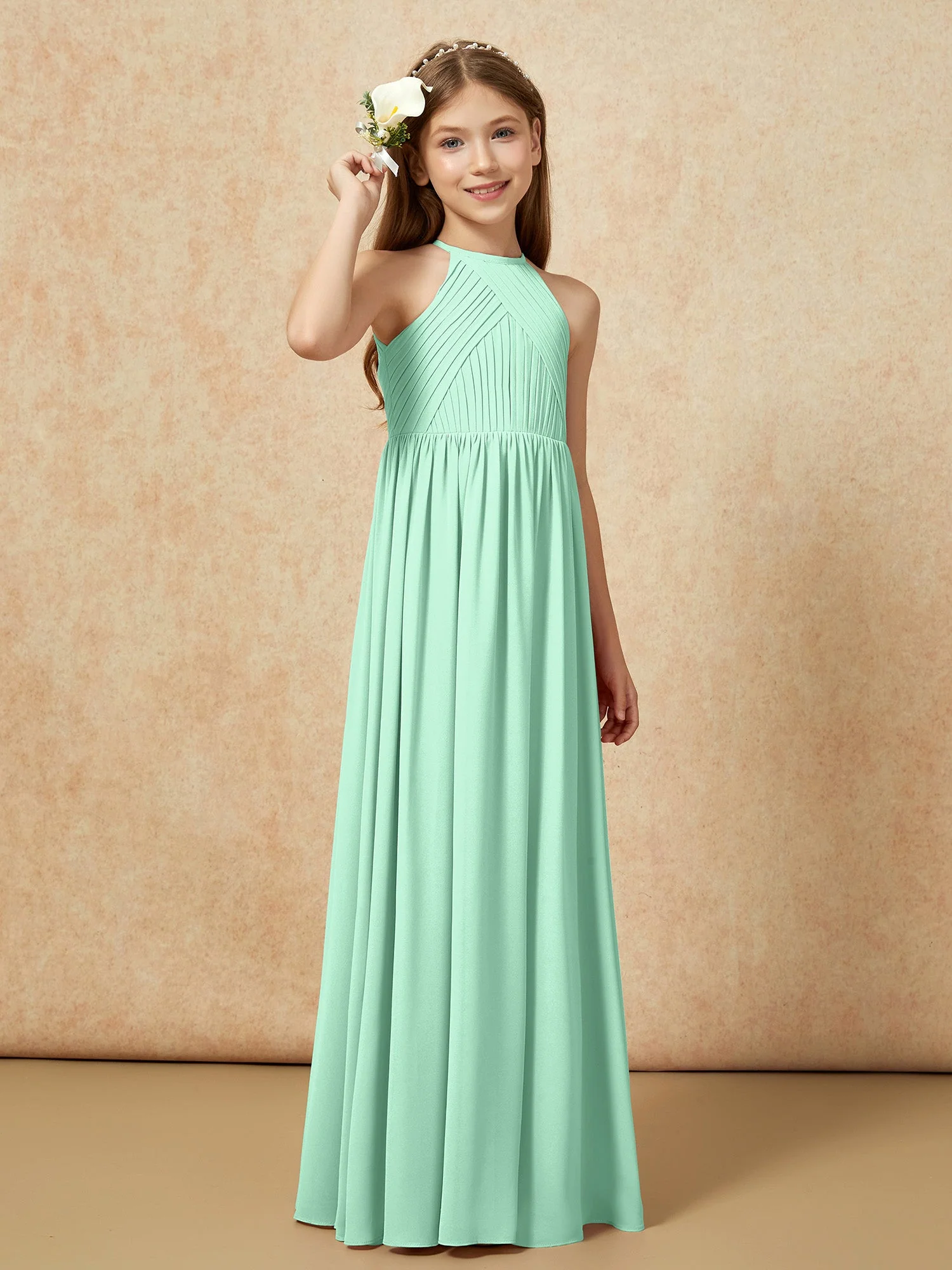 Halshalter Plissee Lang Chiffon Junge Brautjungfernkleider Minzgrün - Image 4
