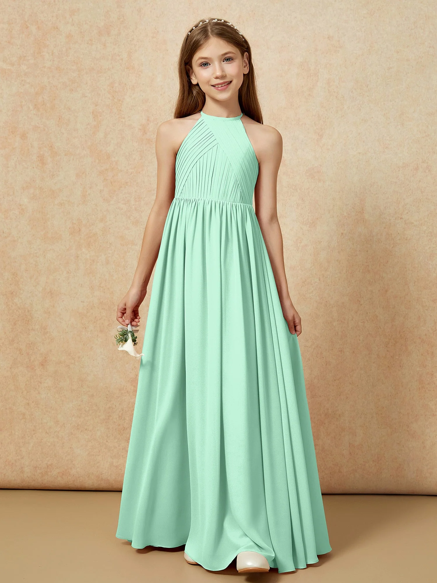 Halshalter Plissee Lang Chiffon Junge Brautjungfernkleider Minzgrün - Image 6