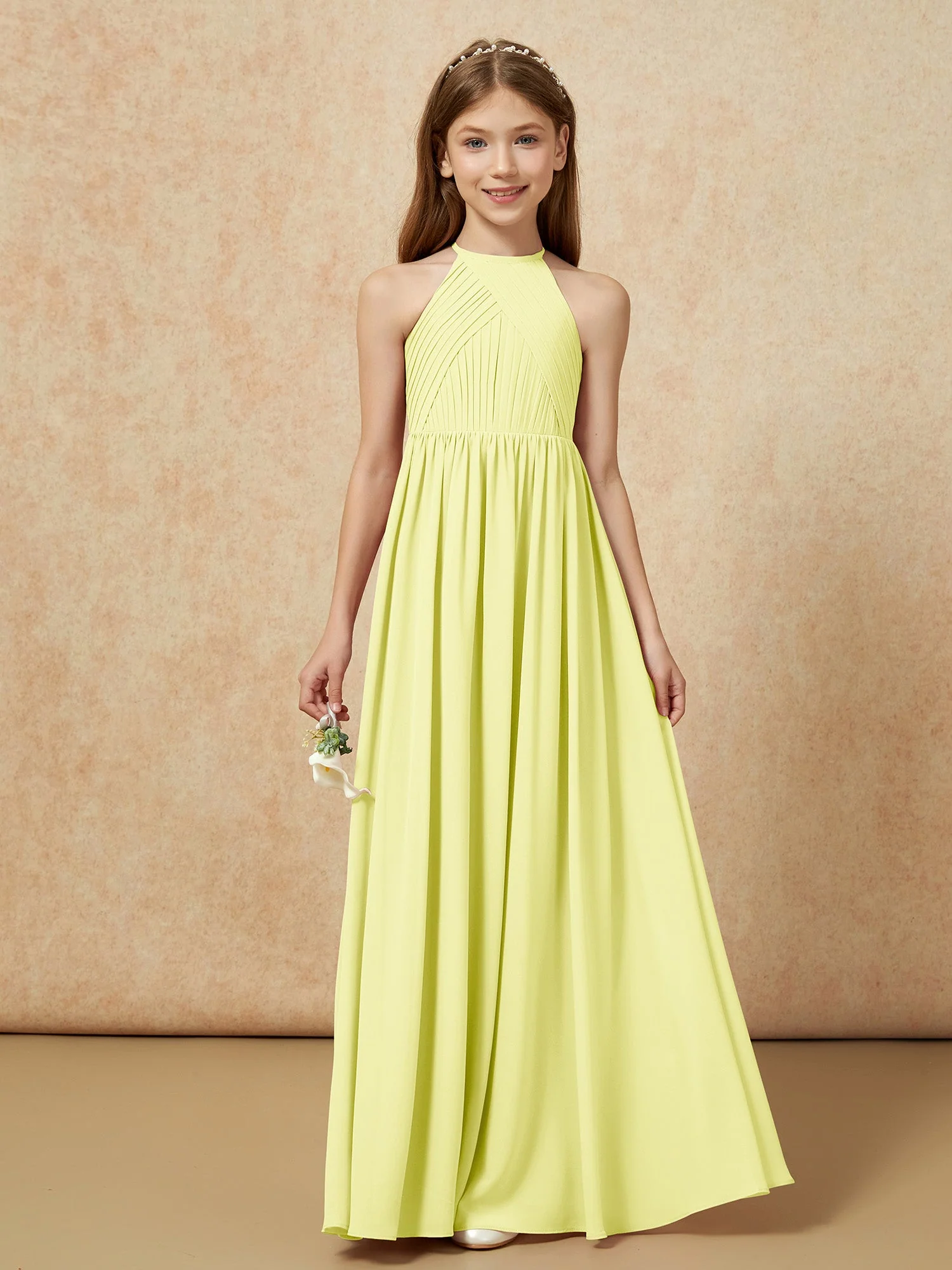 Halshalter Plissee Lang Chiffon Junge Brautjungfernkleider Narzisse