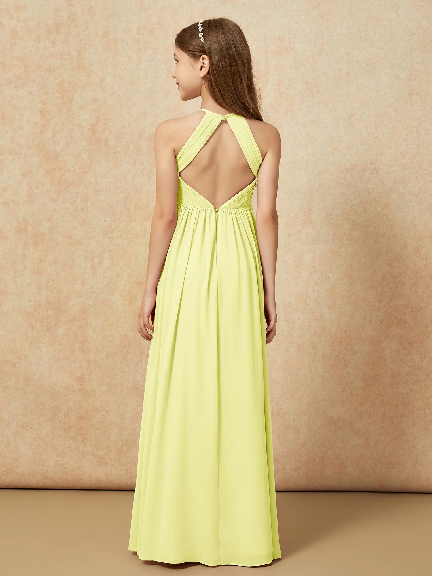 Halshalter Plissee Lang Chiffon Junge Brautjungfernkleider Narzisse - Image 2