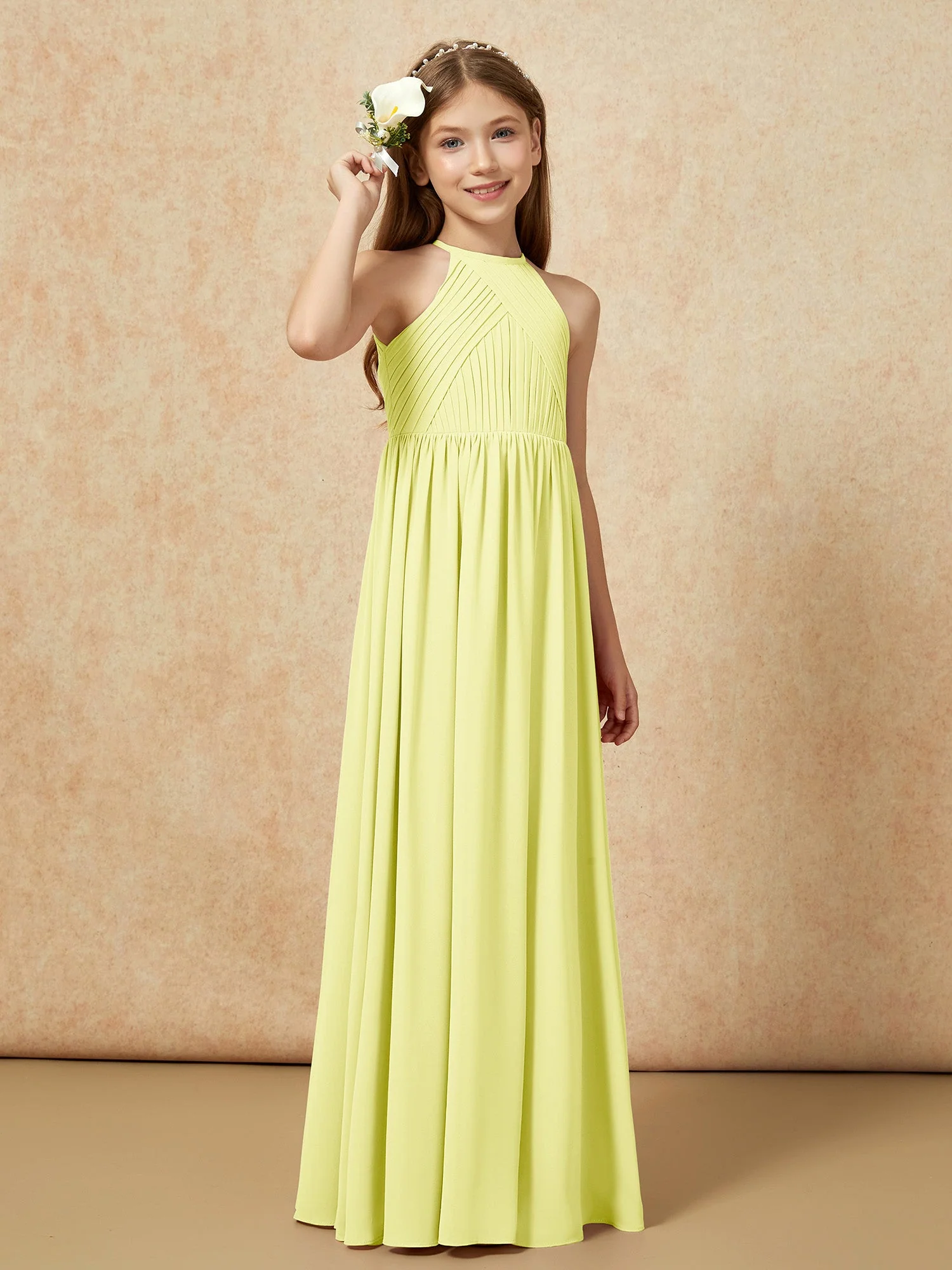 Halshalter Plissee Lang Chiffon Junge Brautjungfernkleider Narzisse - Image 4