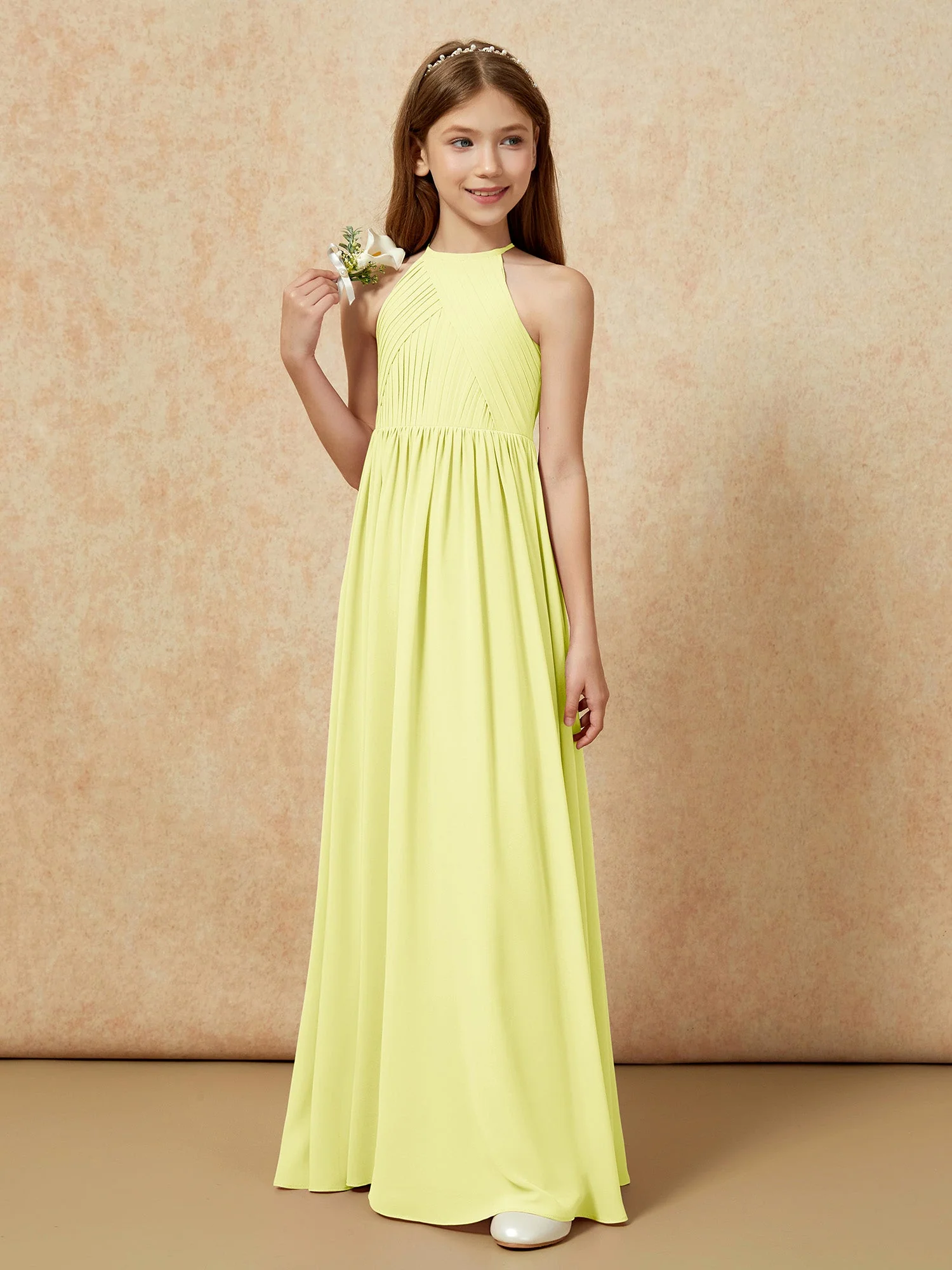 Halshalter Plissee Lang Chiffon Junge Brautjungfernkleider Narzisse - Image 5