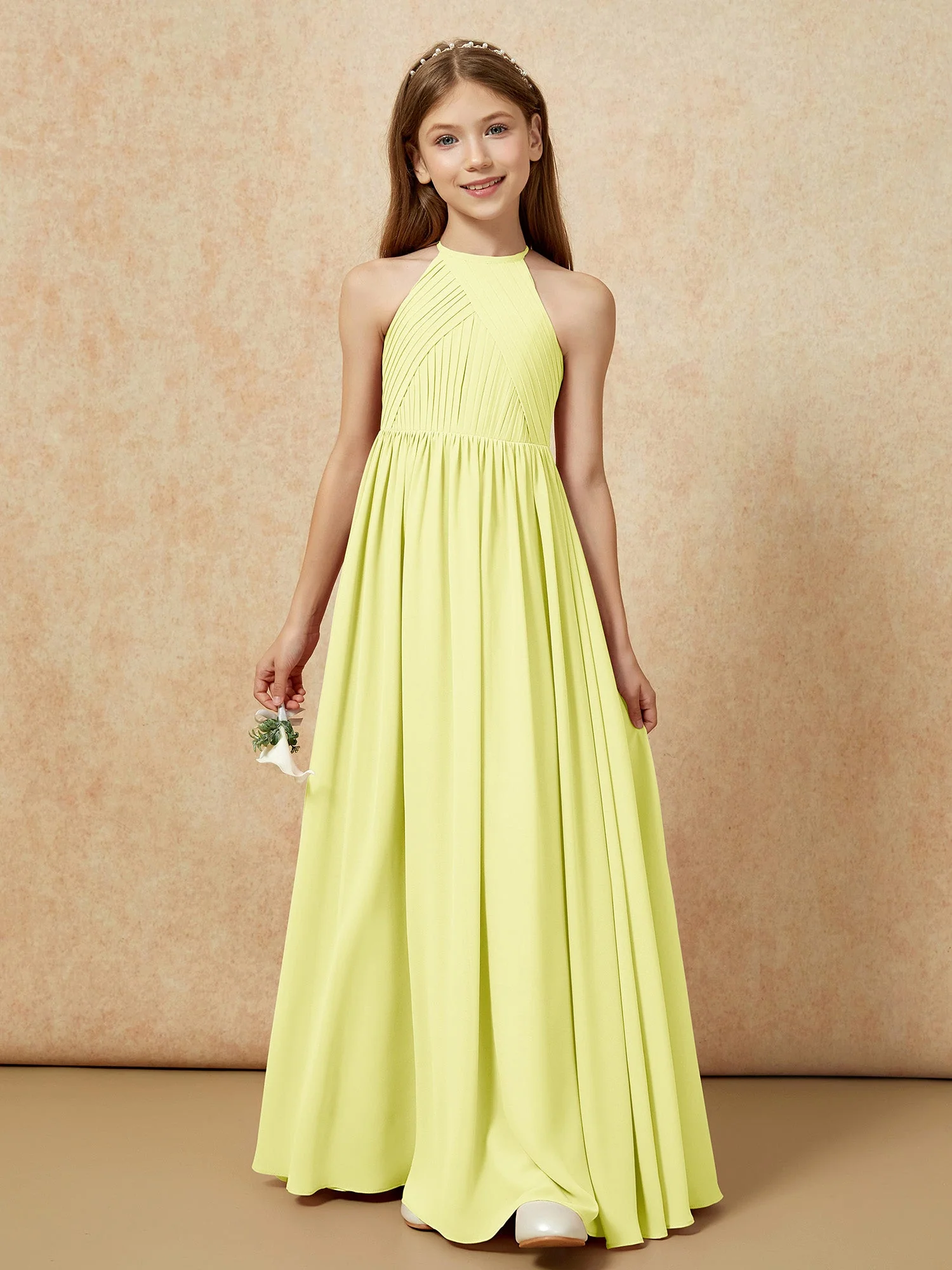 Halshalter Plissee Lang Chiffon Junge Brautjungfernkleider Narzisse - Image 6