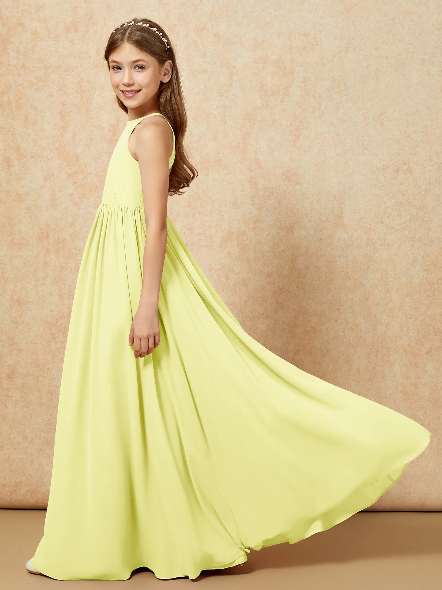 Halshalter Plissee Lang Chiffon Junge Brautjungfernkleider Narzisse - Image 7