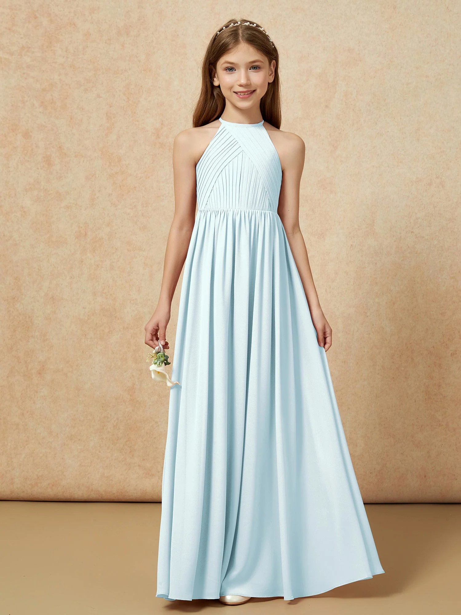 Halshalter Plissee Lang Chiffon Junge Brautjungfernkleider Nebel