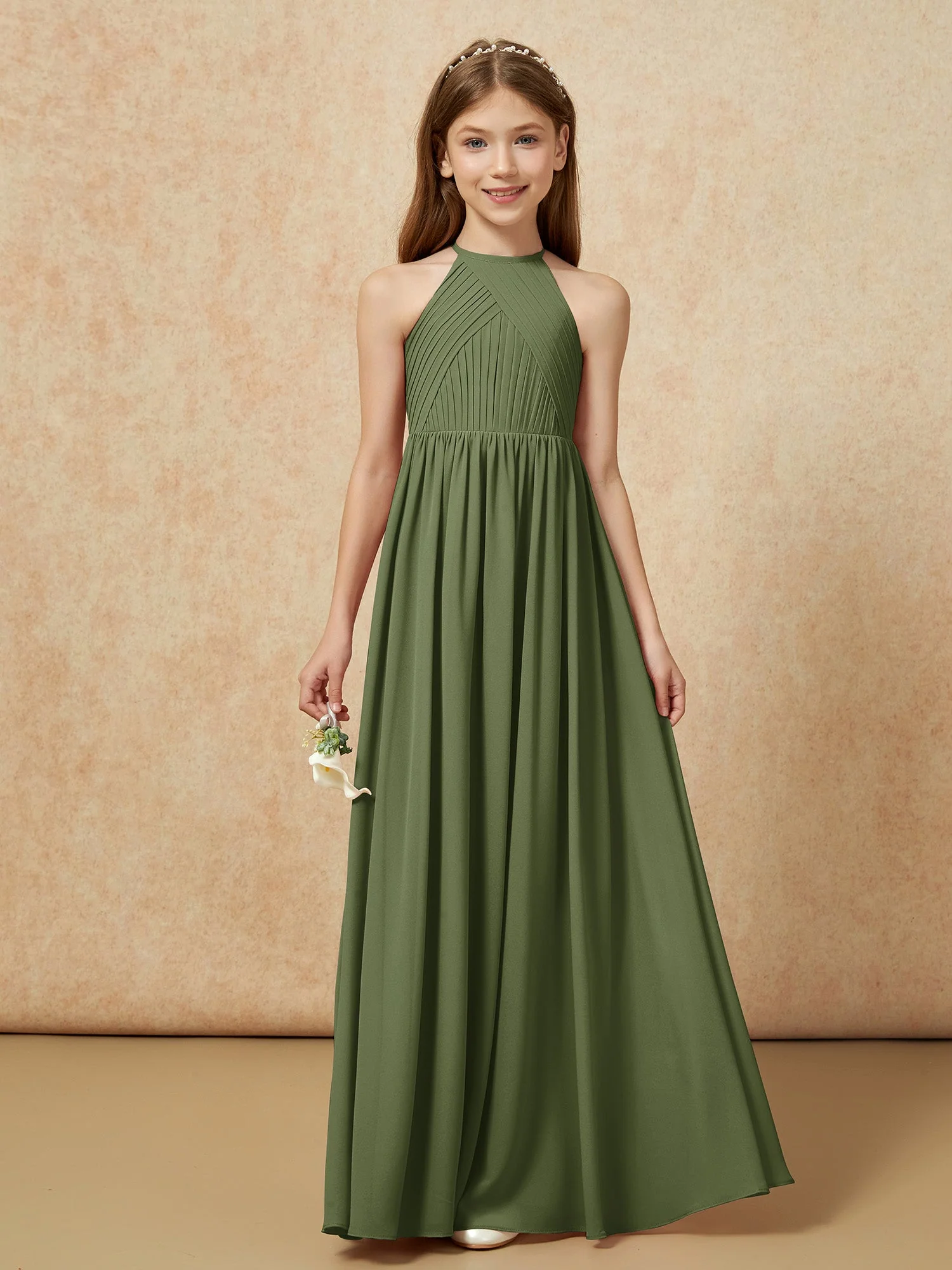 Halshalter Plissee Lang Chiffon Junge Brautjungfernkleider Olivgrün