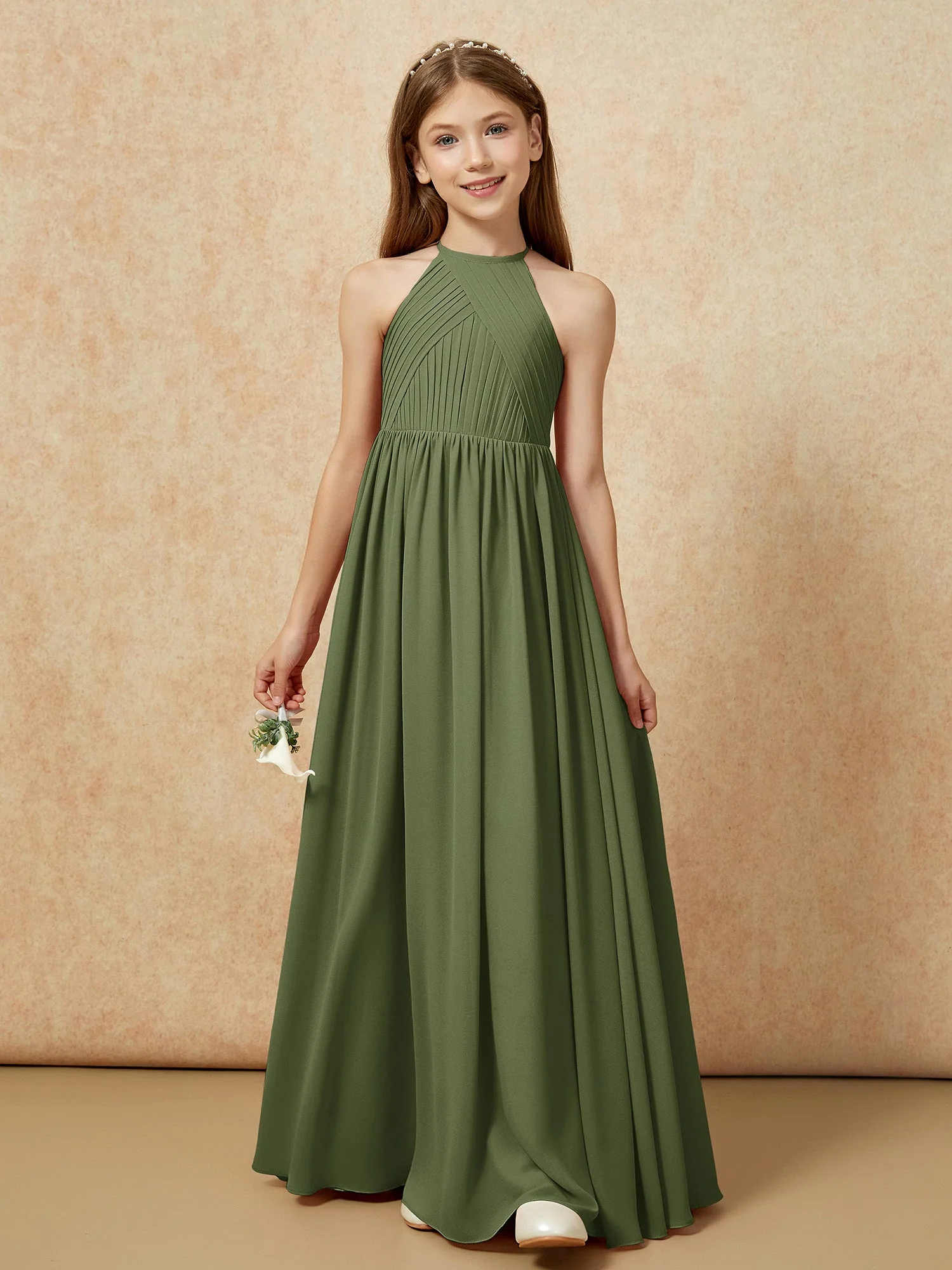 Halshalter Plissee Lang Chiffon Junge Brautjungfernkleider Olivgrün - Image 6