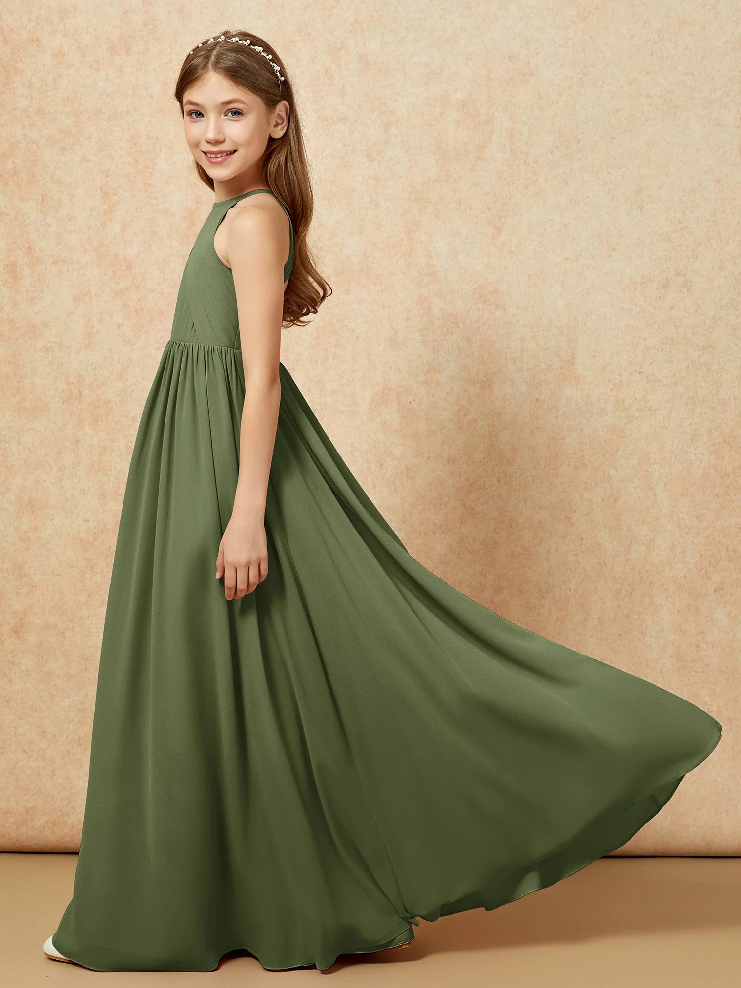 Halshalter Plissee Lang Chiffon Junge Brautjungfernkleider Olivgrün - Image 7