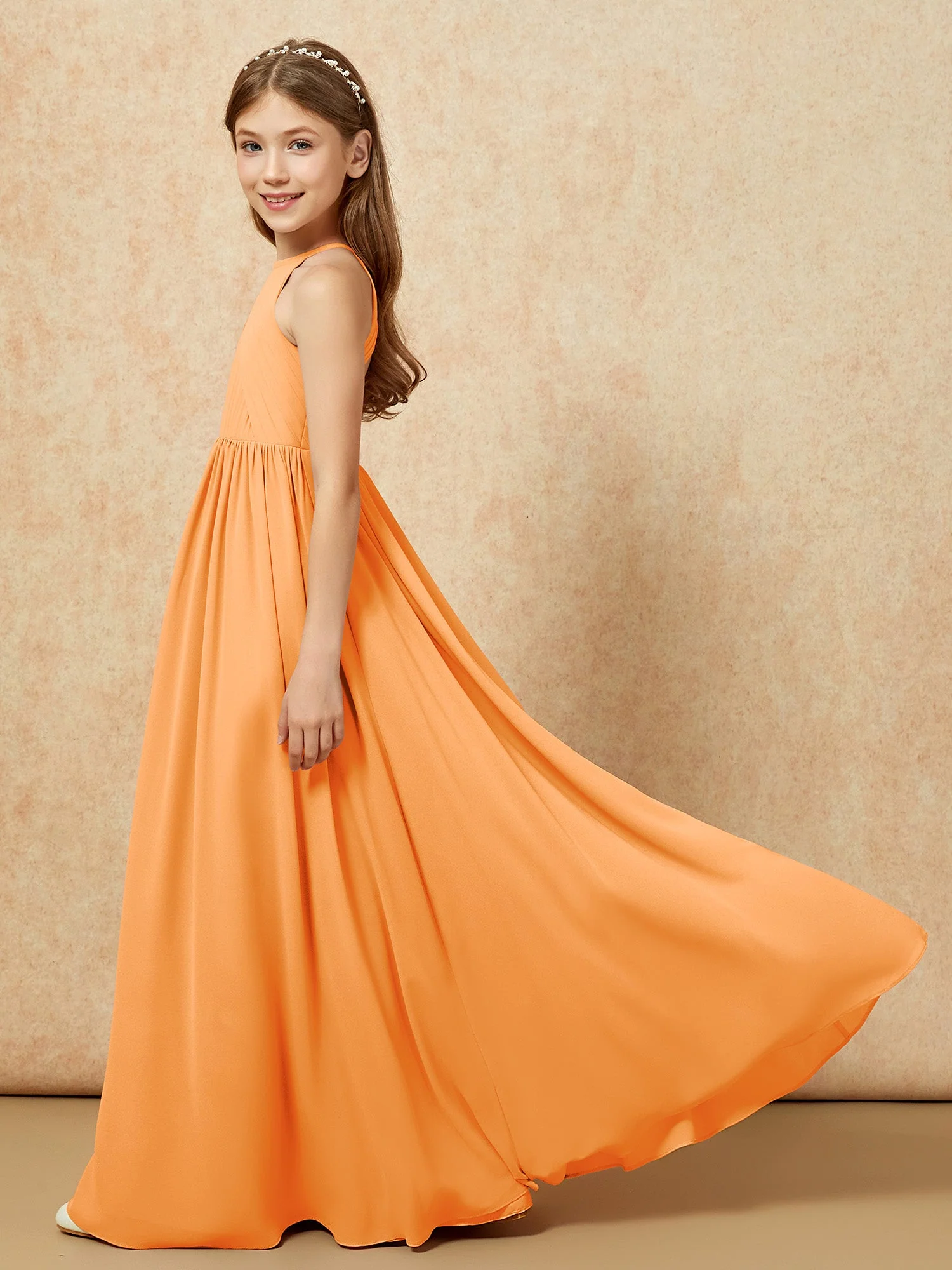 Halshalter Plissee Lang Chiffon Junge Brautjungfernkleider Orange - Image 7