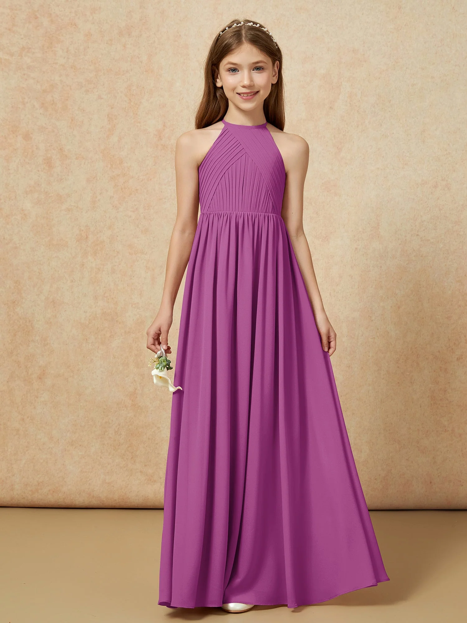 Halshalter Plissee Lang Chiffon Junge Brautjungfernkleider Orchidee