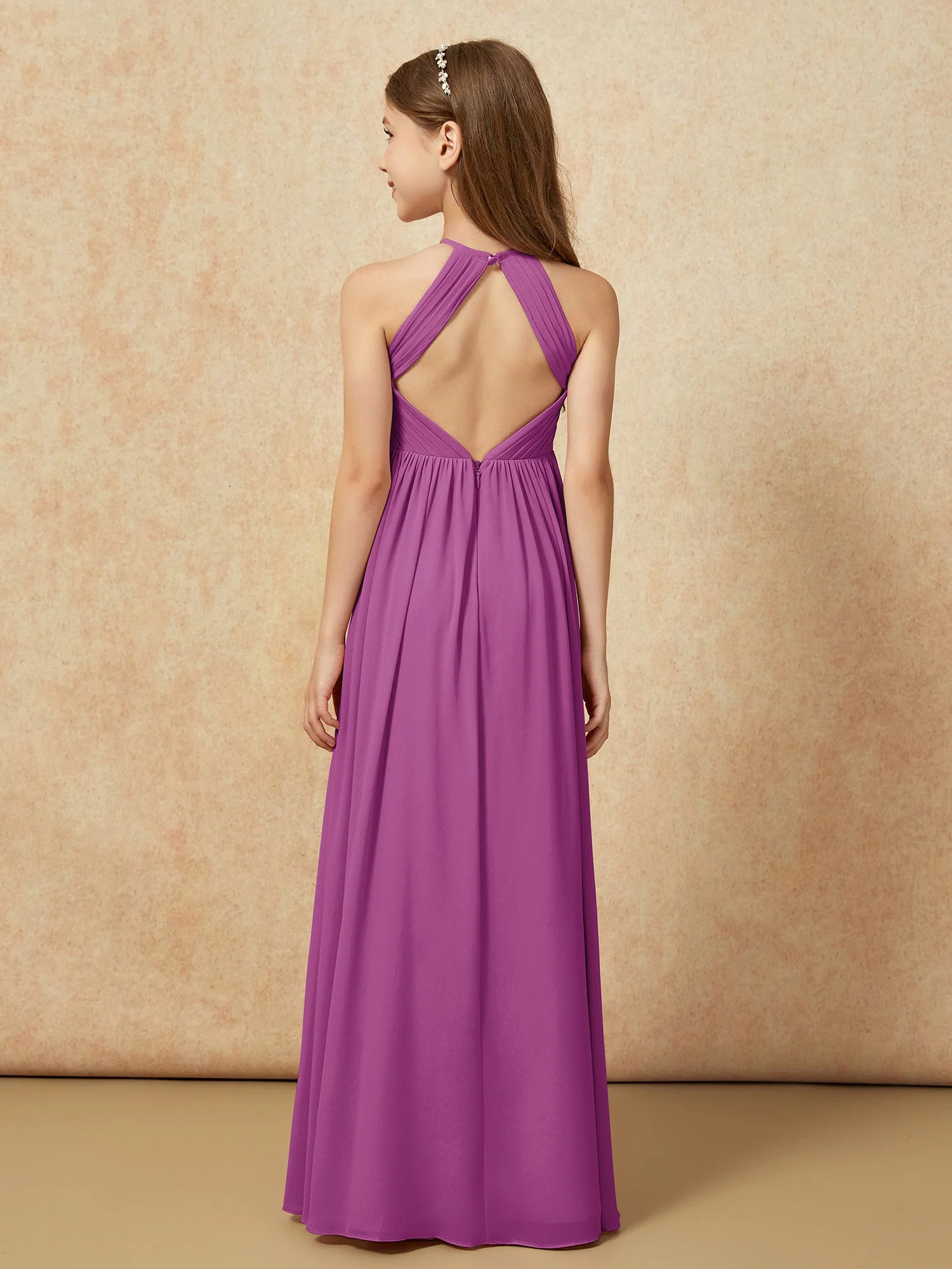 Halshalter Plissee Lang Chiffon Junge Brautjungfernkleider Orchidee - Image 2