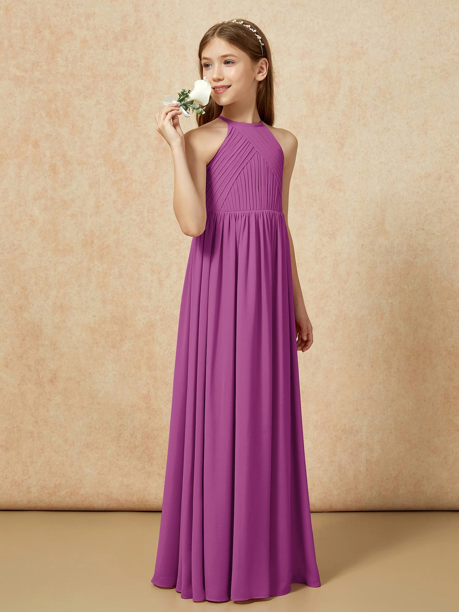 Halshalter Plissee Lang Chiffon Junge Brautjungfernkleider Orchidee - Image 3