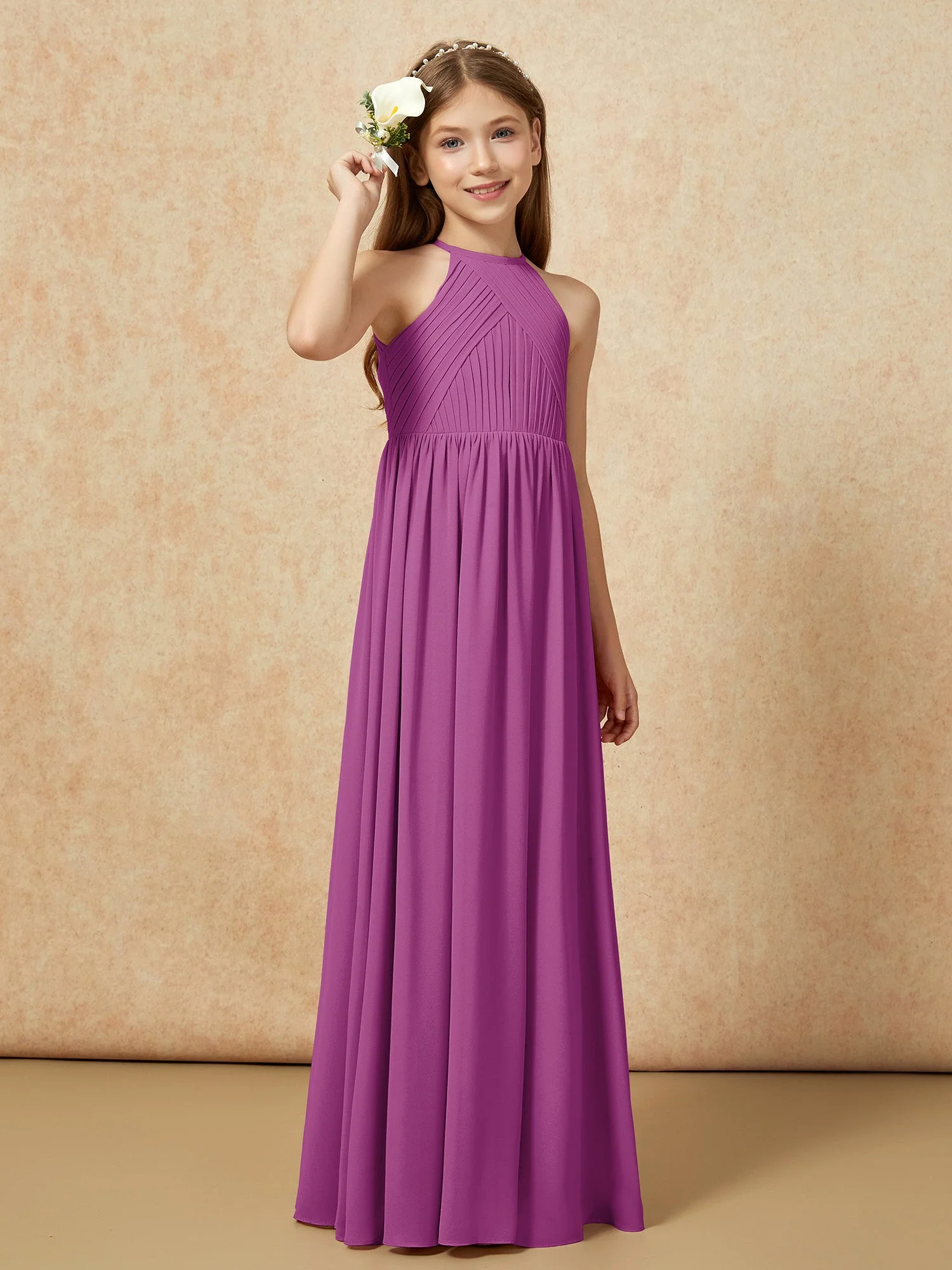 Halshalter Plissee Lang Chiffon Junge Brautjungfernkleider Orchidee - Image 4