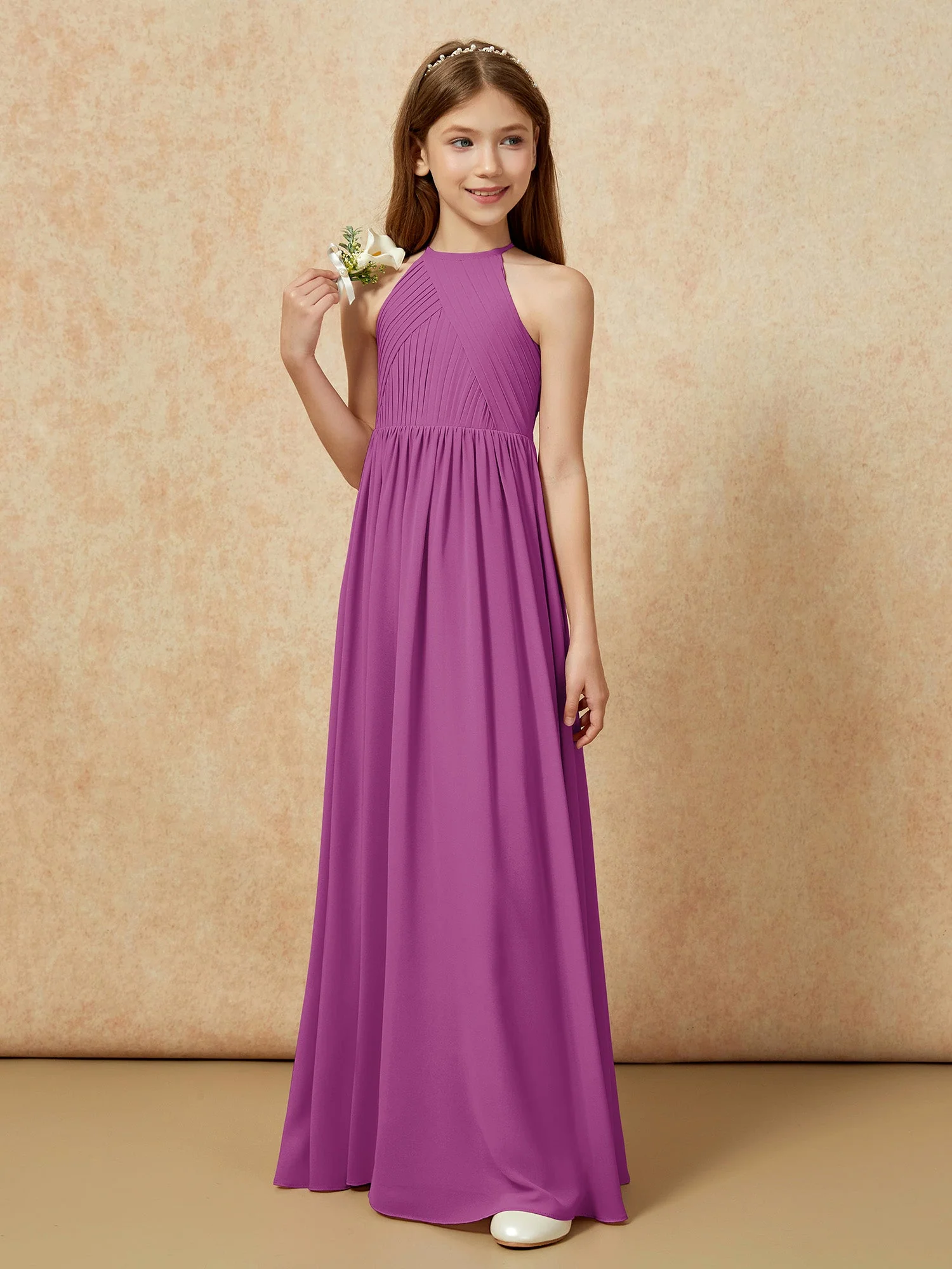 Halshalter Plissee Lang Chiffon Junge Brautjungfernkleider Orchidee - Image 5