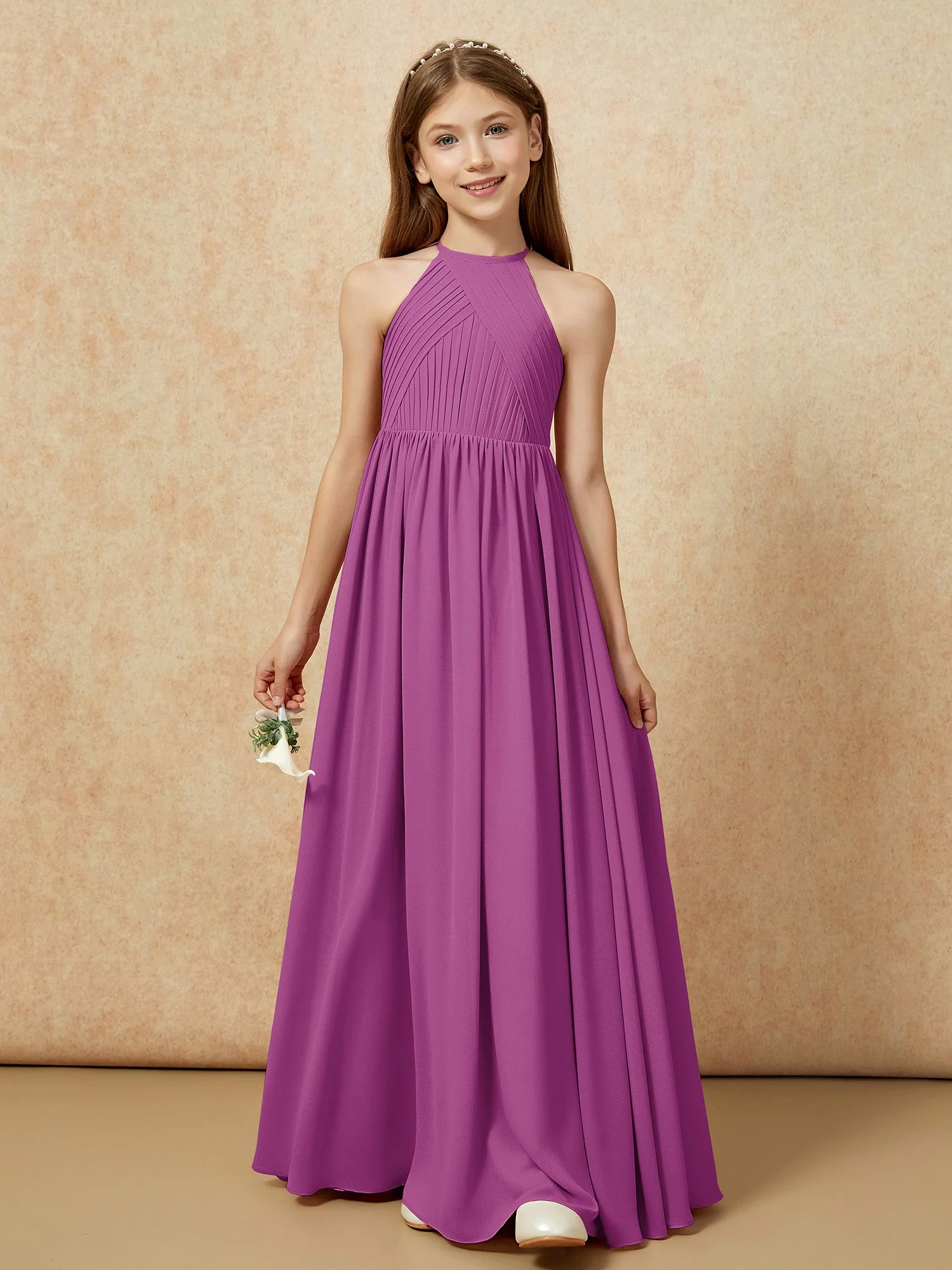 Halshalter Plissee Lang Chiffon Junge Brautjungfernkleider Orchidee - Image 6