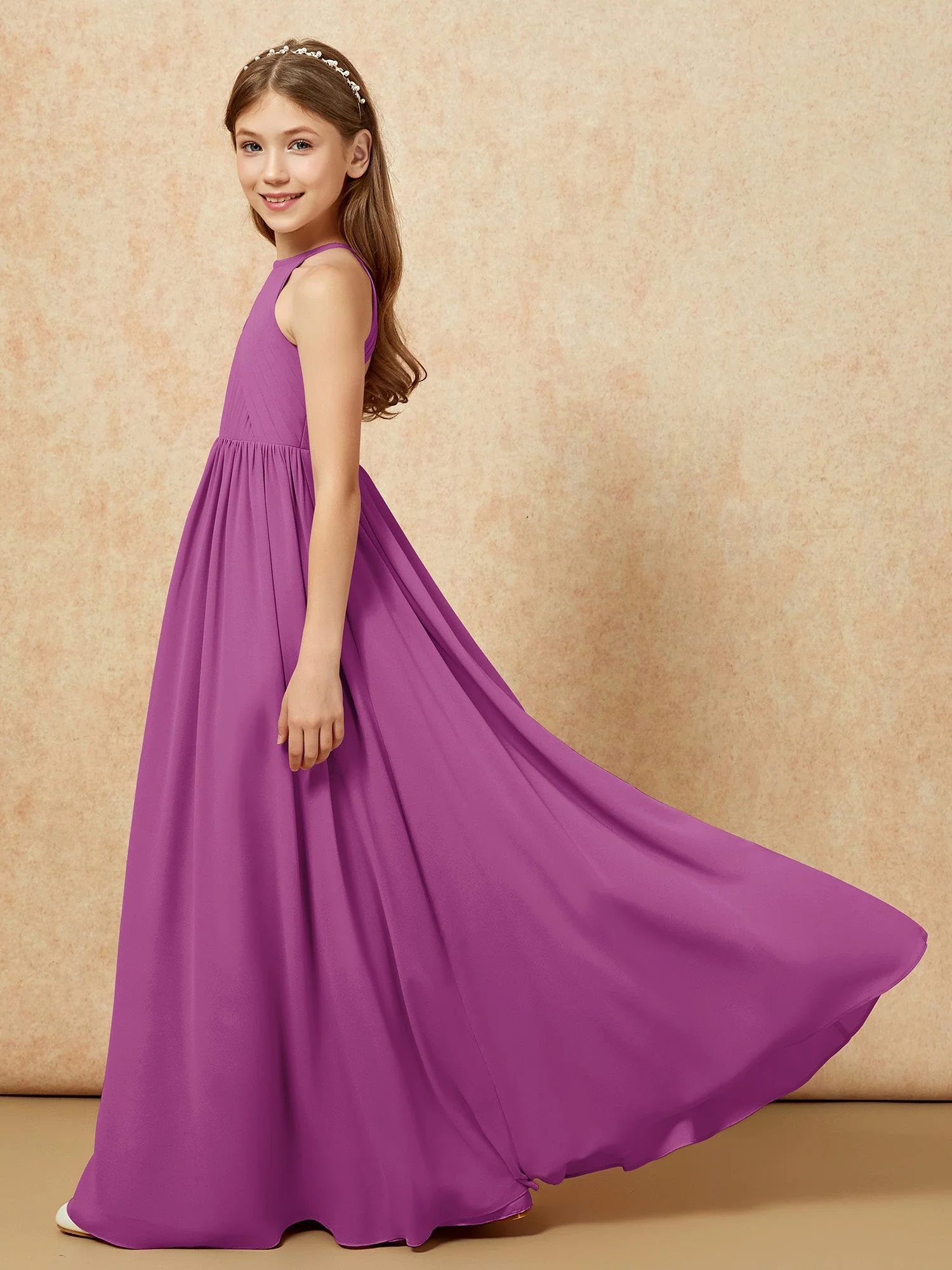 Halshalter Plissee Lang Chiffon Junge Brautjungfernkleider Orchidee - Image 7
