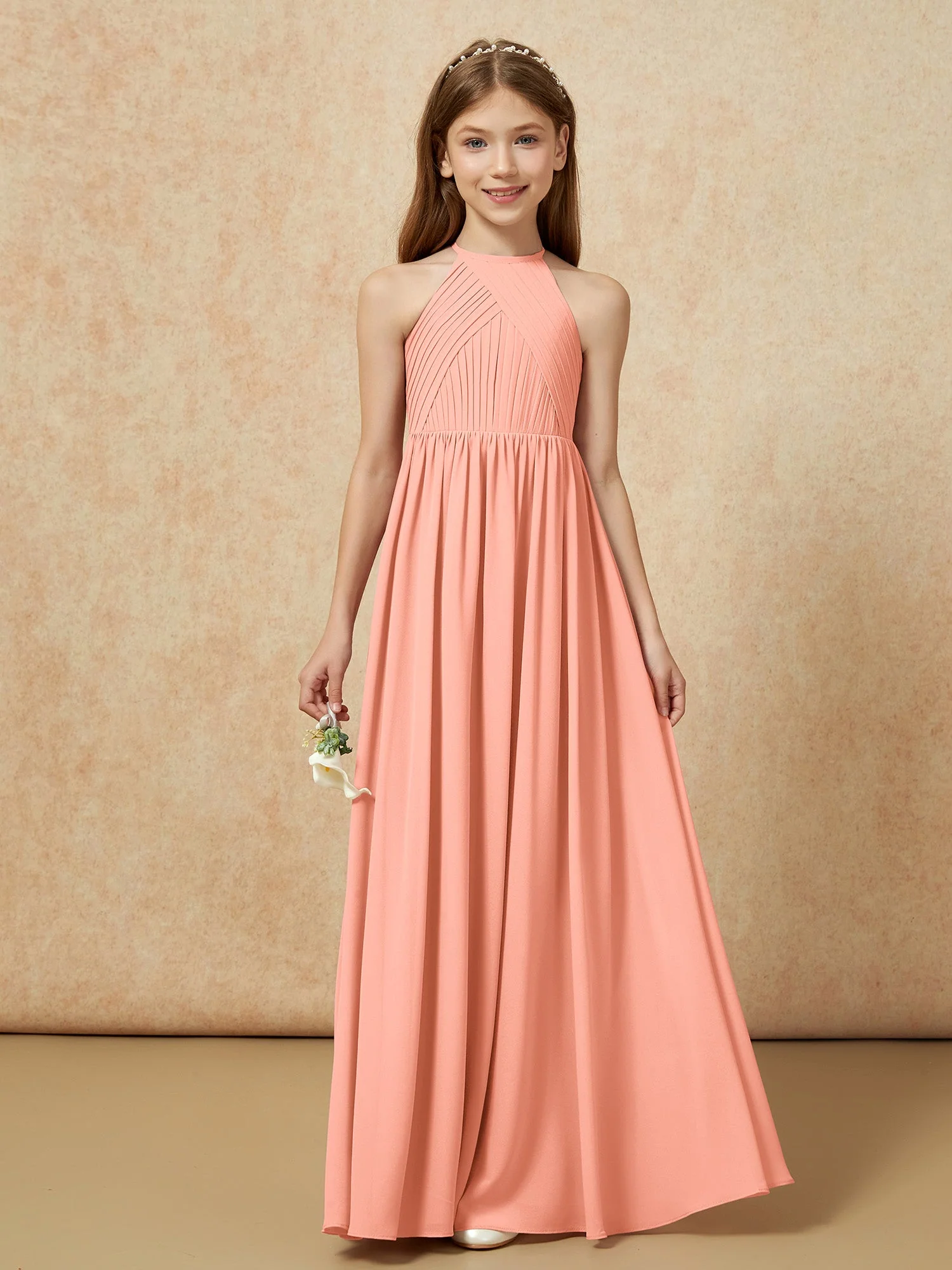 Halshalter Plissee Lang Chiffon Junge Brautjungfernkleider Papaya