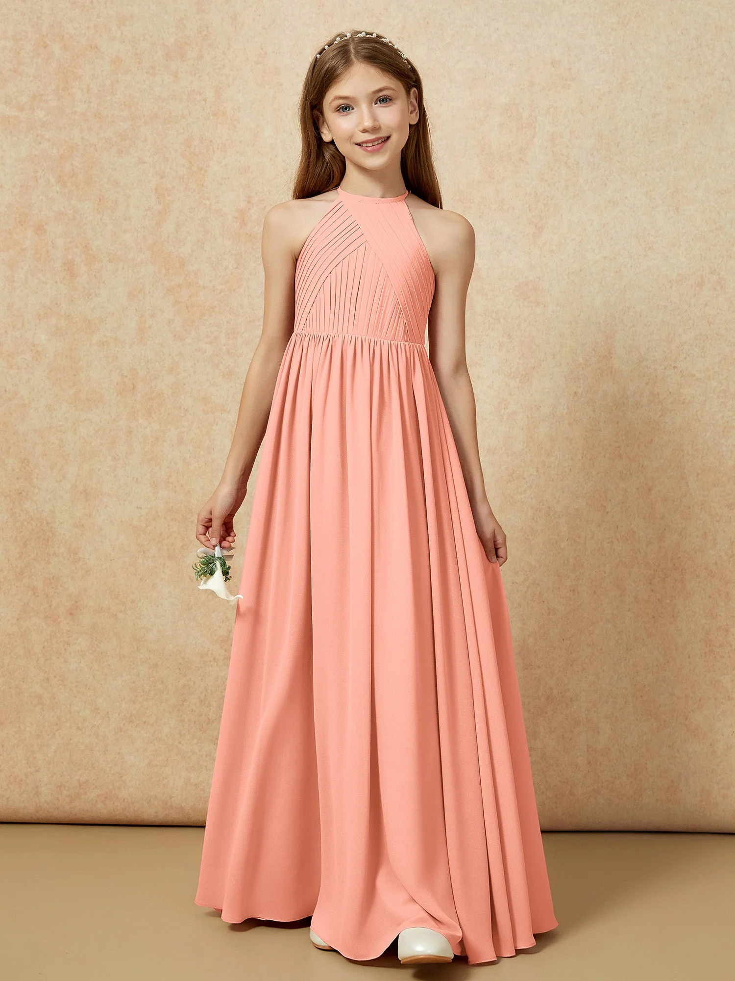 Halshalter Plissee Lang Chiffon Junge Brautjungfernkleider Papaya - Image 6