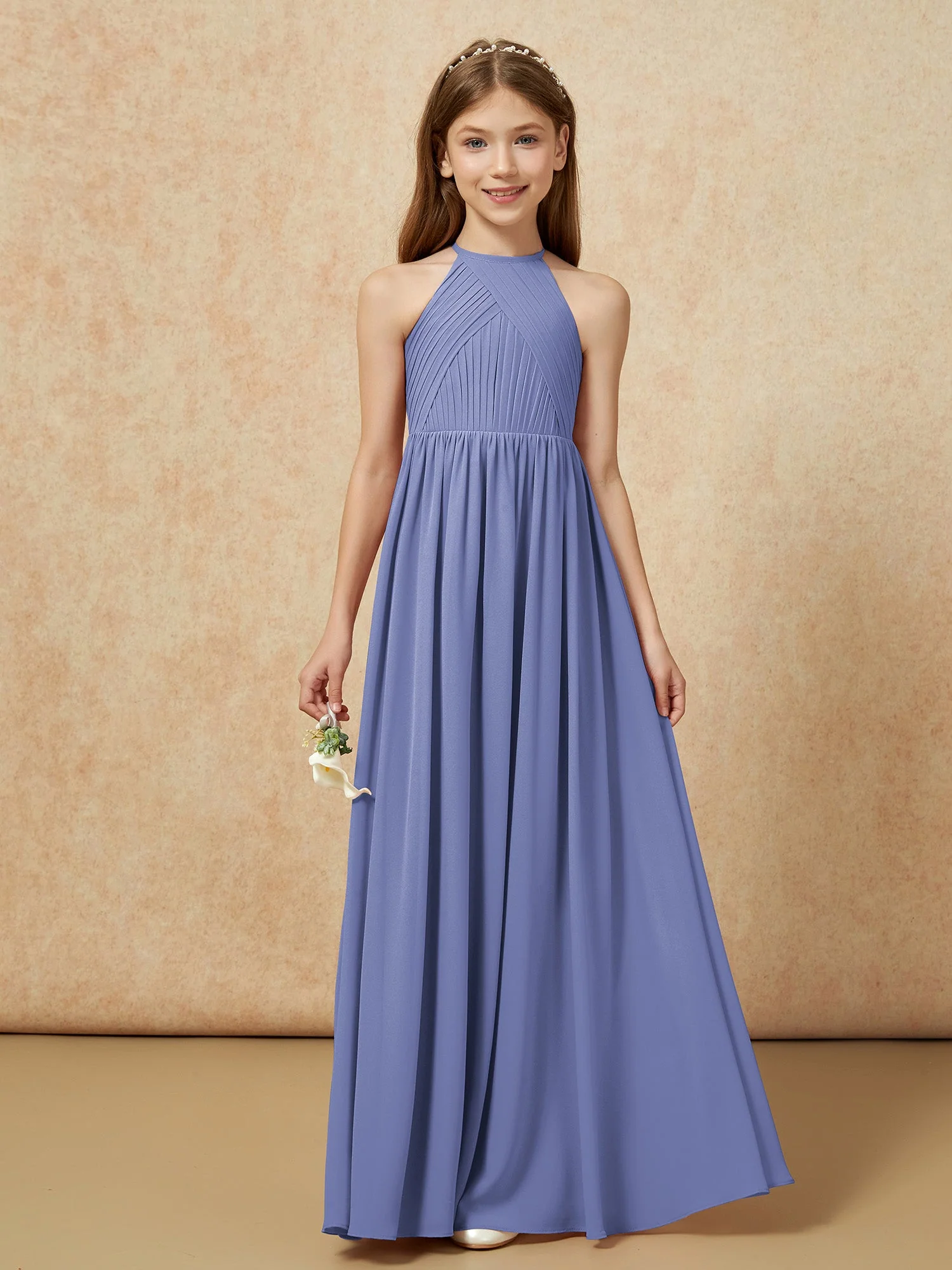 Halshalter Plissee Lang Chiffon Junge Brautjungfernkleider Periwinkleblau