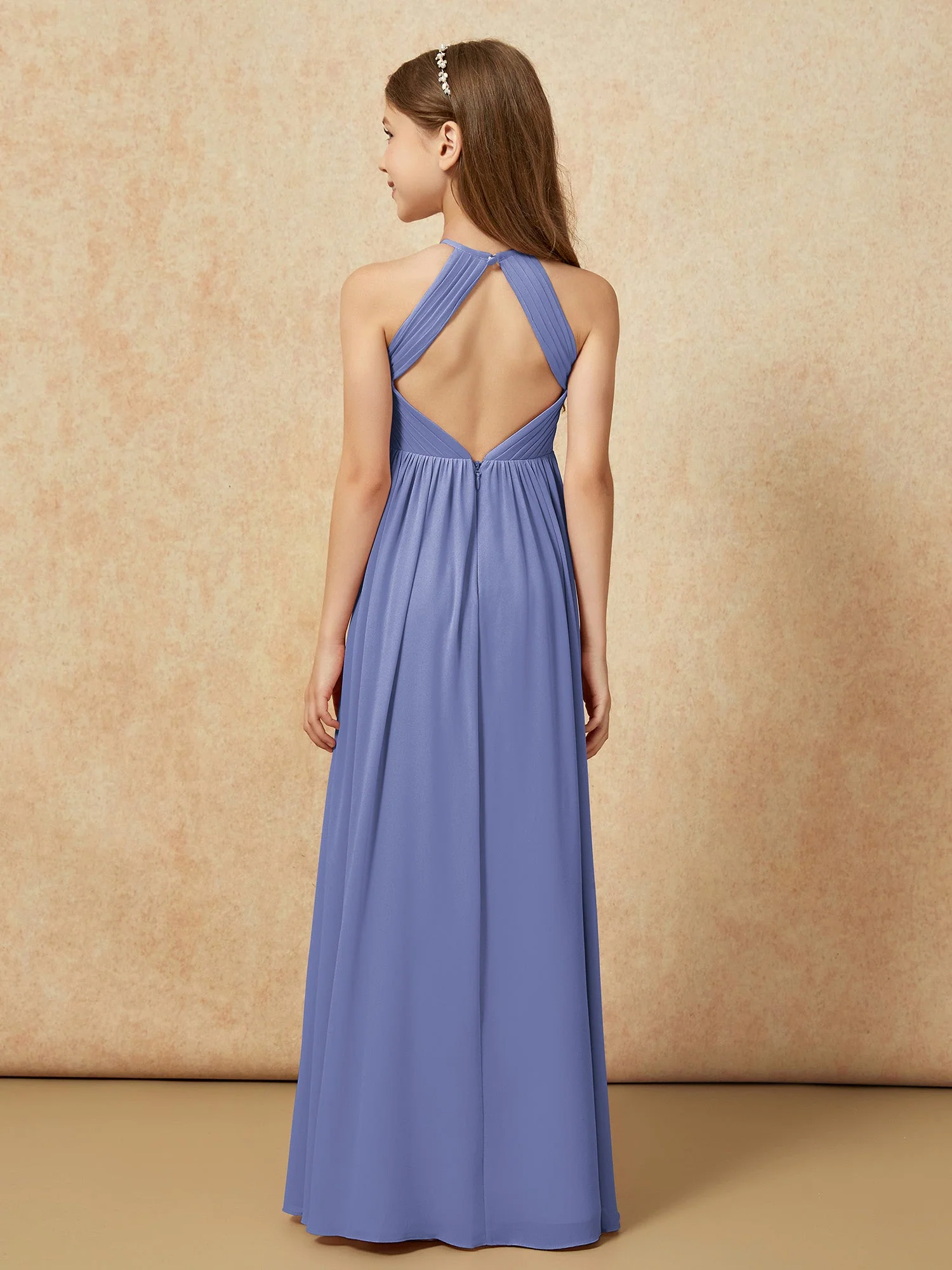 Halshalter Plissee Lang Chiffon Junge Brautjungfernkleider Periwinkleblau - Image 2