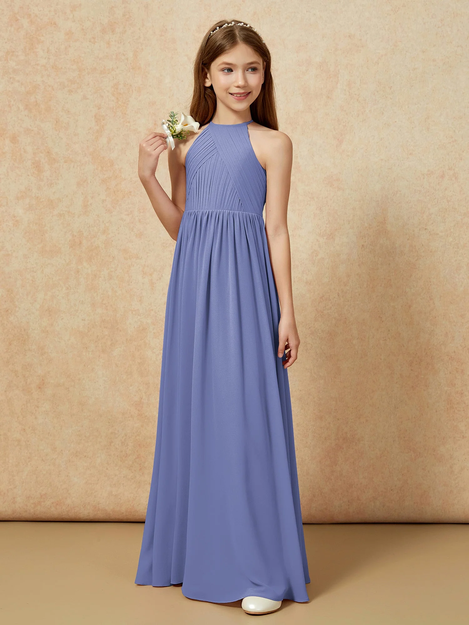 Halshalter Plissee Lang Chiffon Junge Brautjungfernkleider Periwinkleblau - Image 5