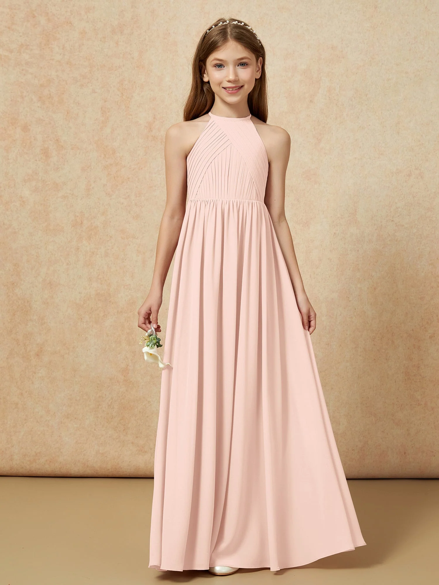 Halshalter Plissee Lang Chiffon Junge Brautjungfernkleider Perlrosa