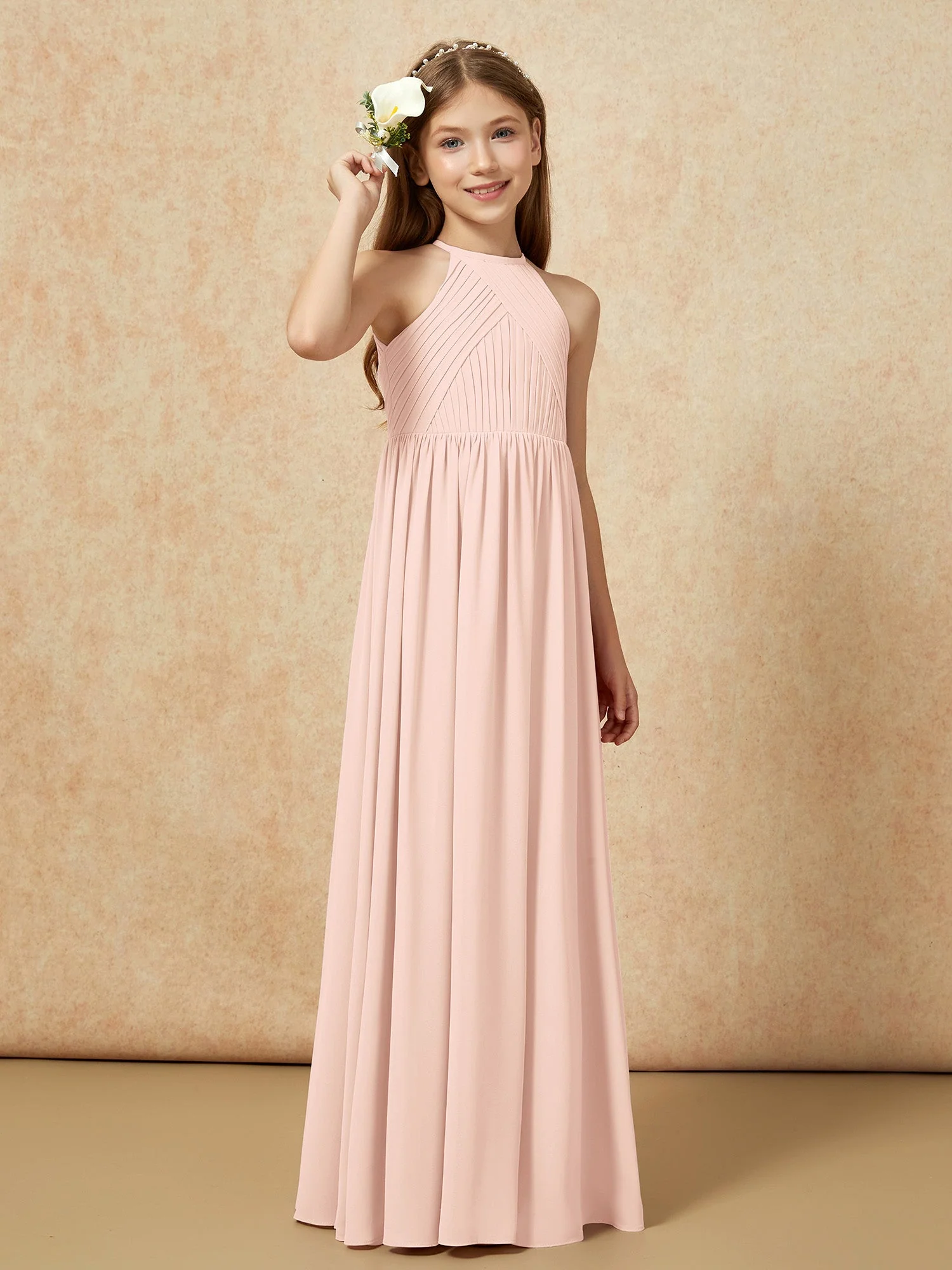Halshalter Plissee Lang Chiffon Junge Brautjungfernkleider Perlrosa - Image 4