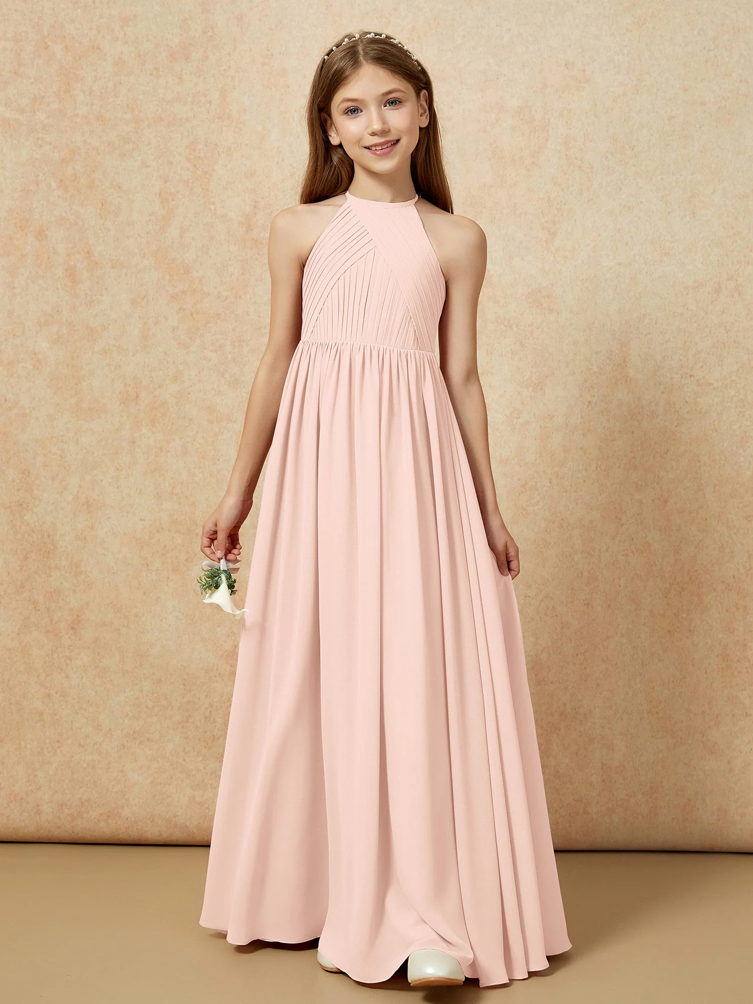 Halshalter Plissee Lang Chiffon Junge Brautjungfernkleider Perlrosa - Image 6