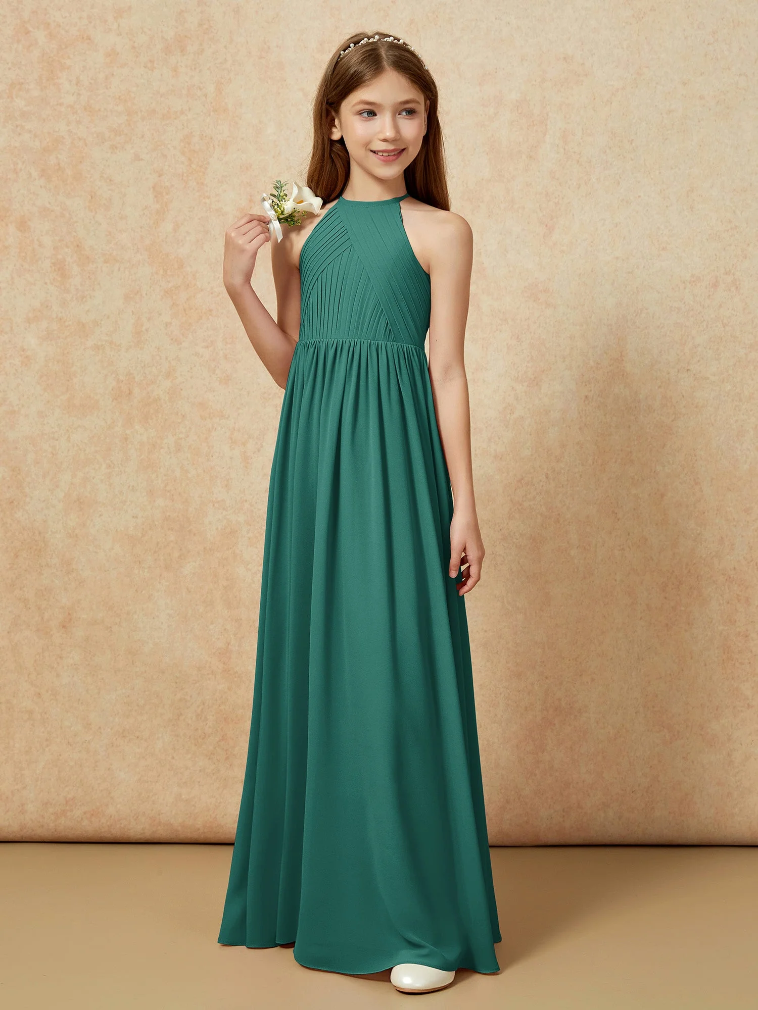 Halshalter Plissee Lang Chiffon Junge Brautjungfernkleider Pfau - Image 5