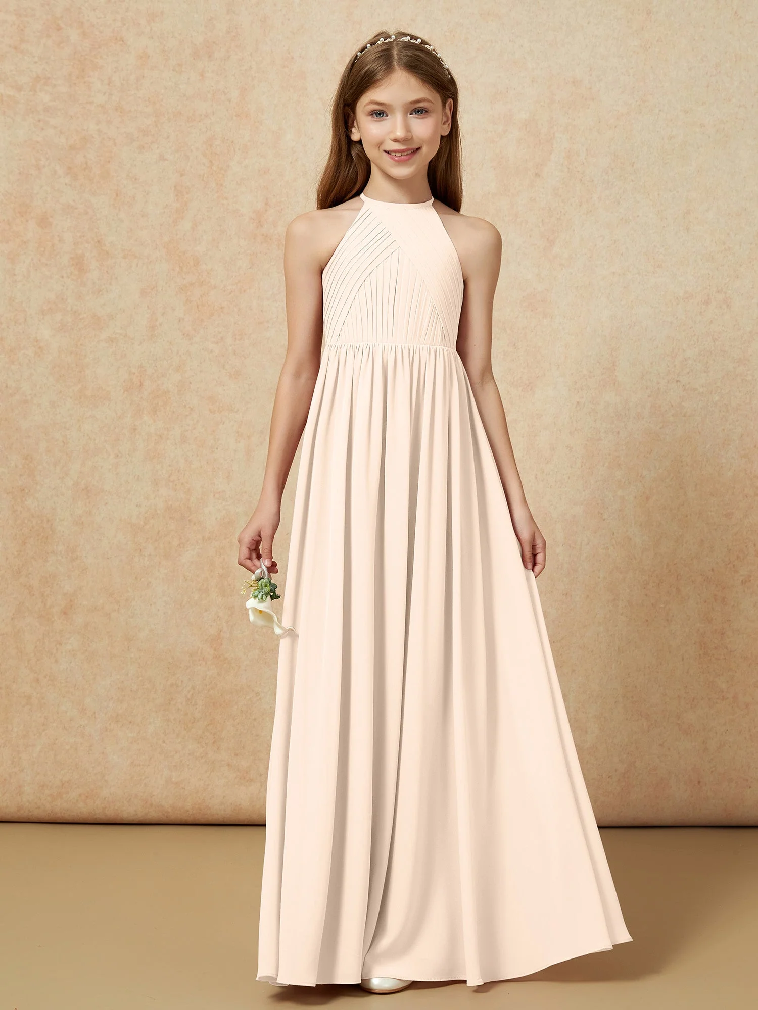 Halshalter Plissee Lang Chiffon Junge Brautjungfernkleider Pfirsich