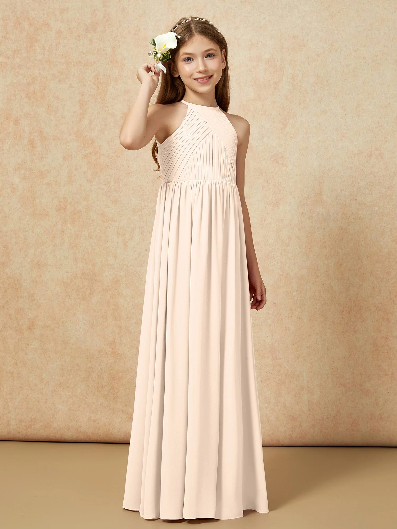 Halshalter Plissee Lang Chiffon Junge Brautjungfernkleider Pfirsich - Image 4