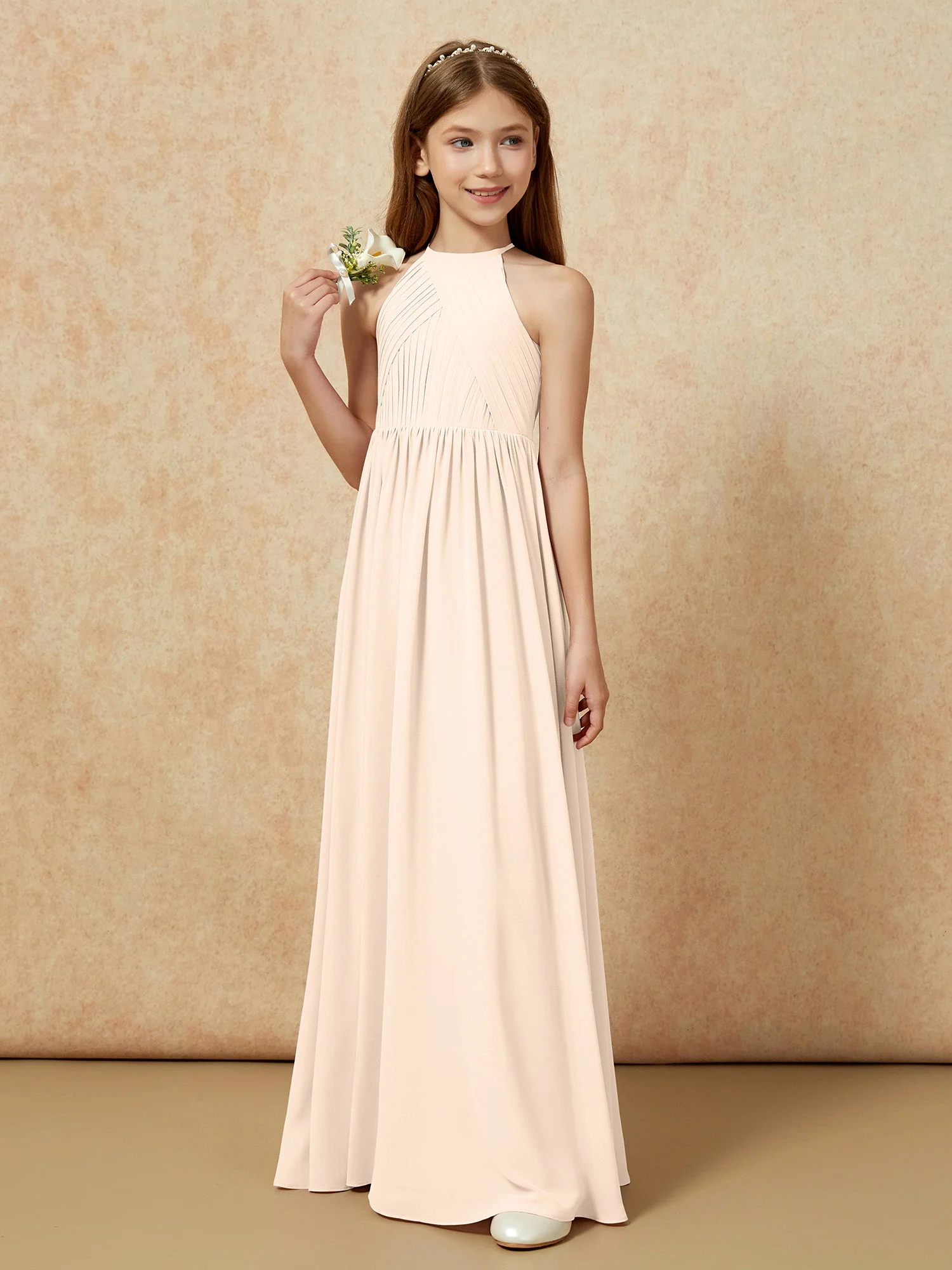 Halshalter Plissee Lang Chiffon Junge Brautjungfernkleider Pfirsich - Image 5