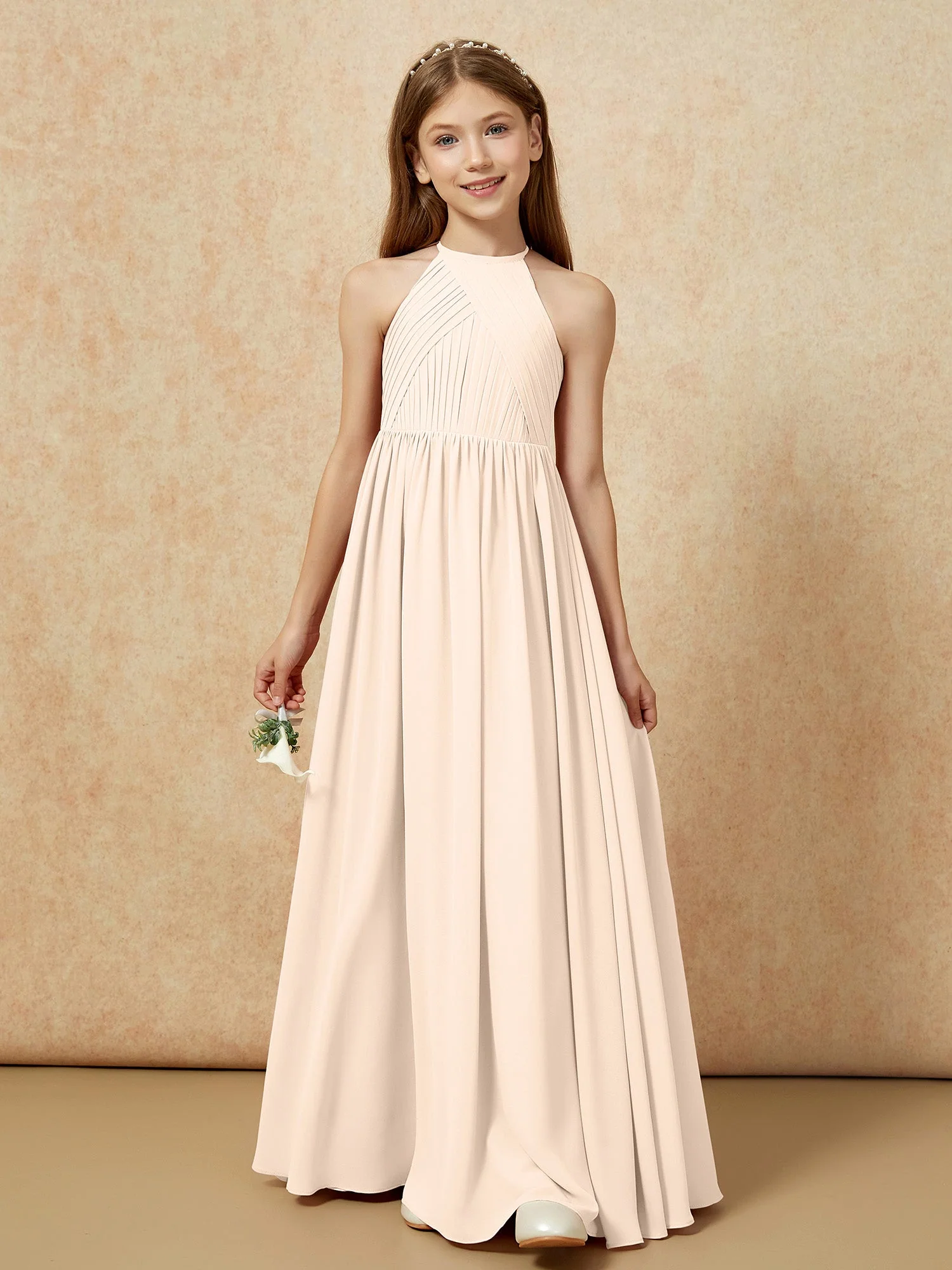 Halshalter Plissee Lang Chiffon Junge Brautjungfernkleider Pfirsich - Image 6